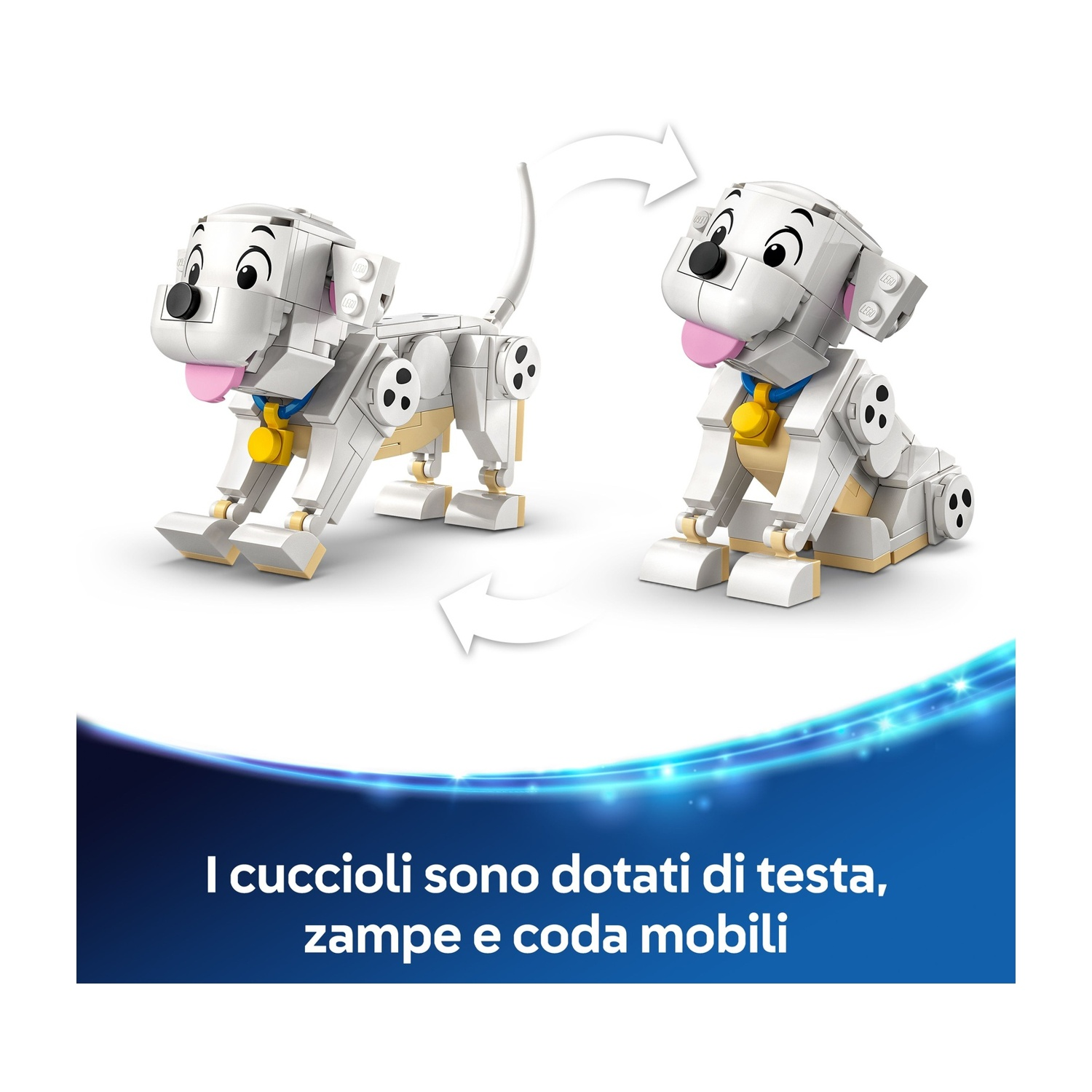 Due cani dalmata giocattolo fatti di blocchi bianchi. Uno è in piedi, l'altro seduto. Entrambi hanno macchie nere, lingue rosa ed etichette dorate.