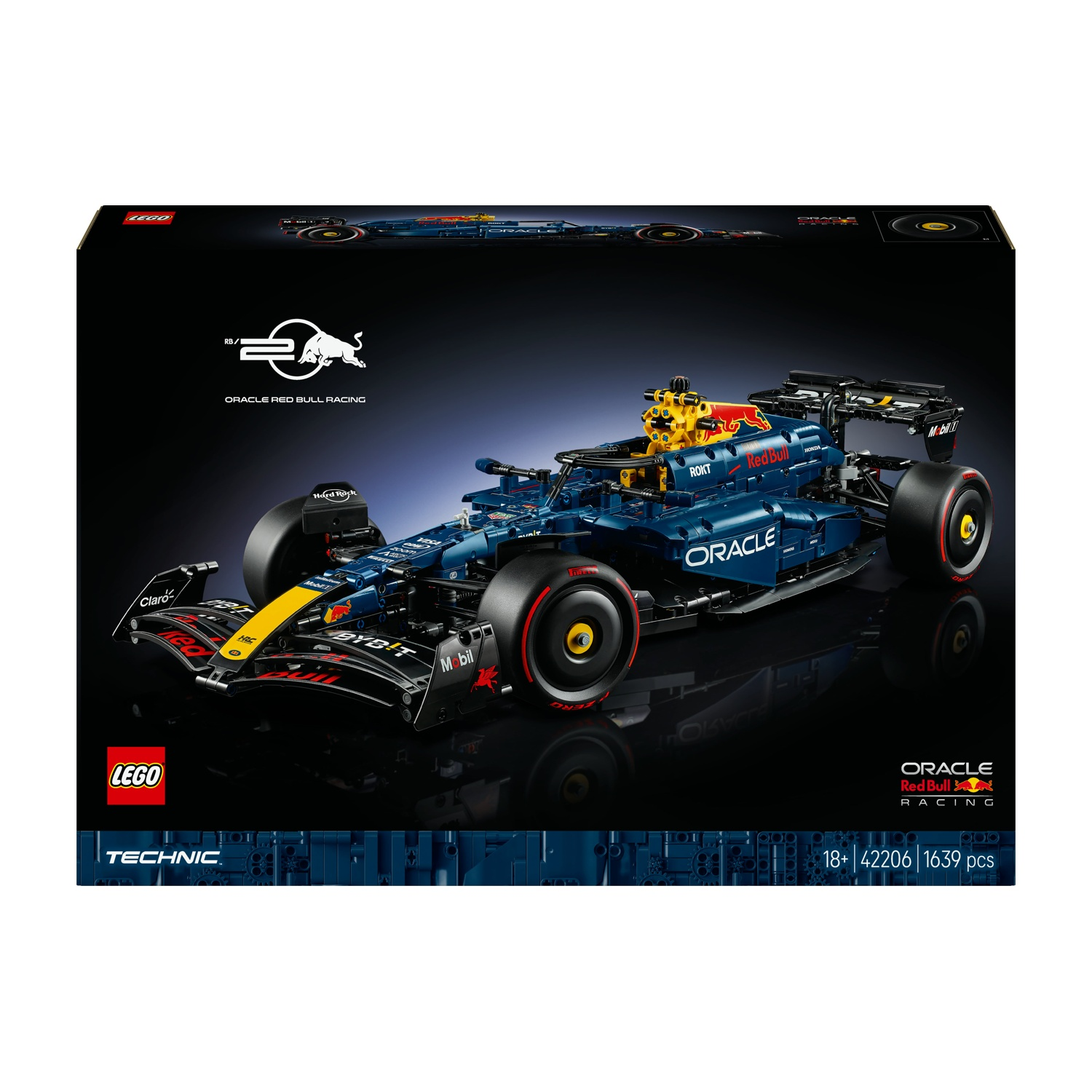Una scatola Lego Technic con una macchina di F1 Oracle Red Bull Racing blu e gialla. La scatola include loghi e dettagli sul set.