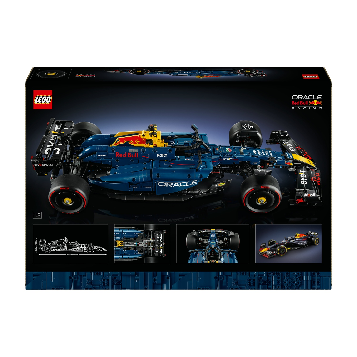 Una scatola Lego mostra un'auto di Formula 1 blu con loghi degli sponsor. Ha ruote rosse e il logo Red Bull è prominente.