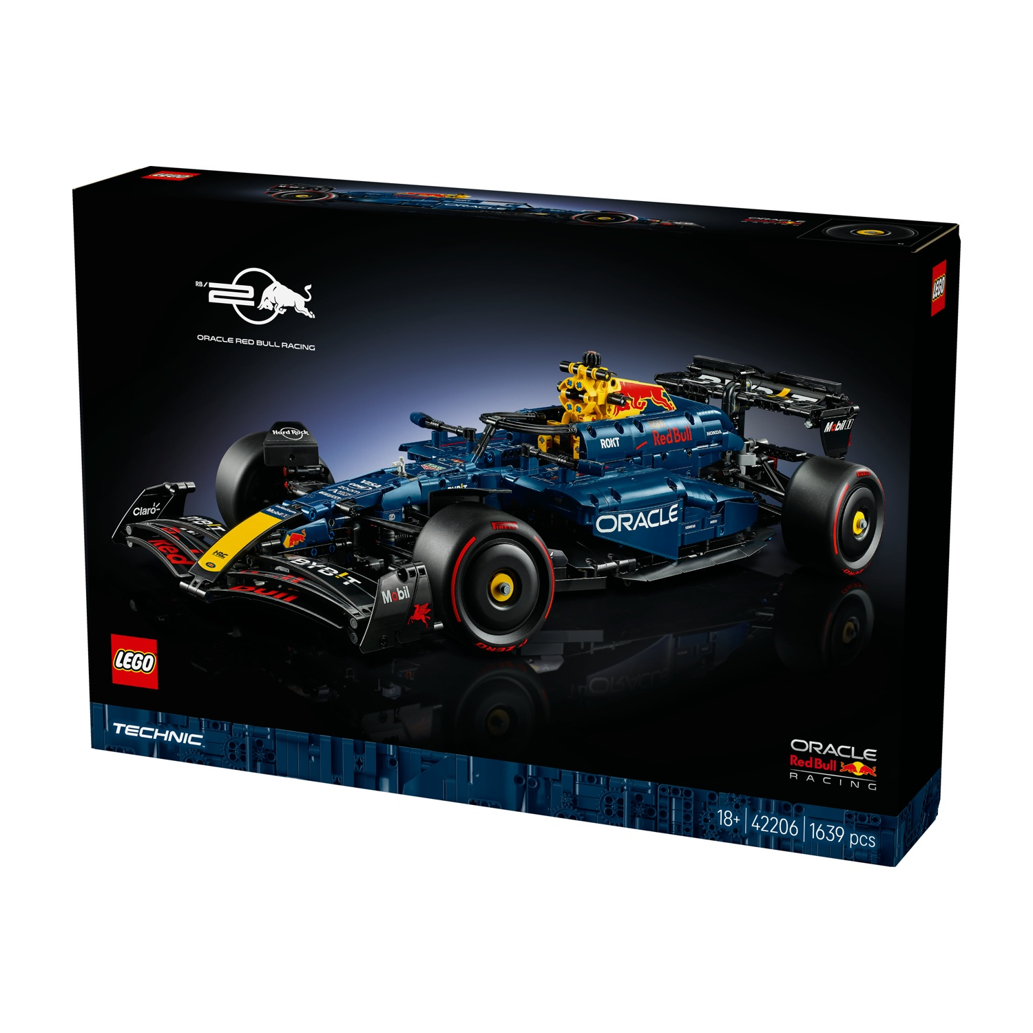 Una scatola Lego Technic mostra un modello di auto di Formula 1. L'auto è blu scuro con accenti gialli e rossi, con loghi come Red Bull e Oracle.