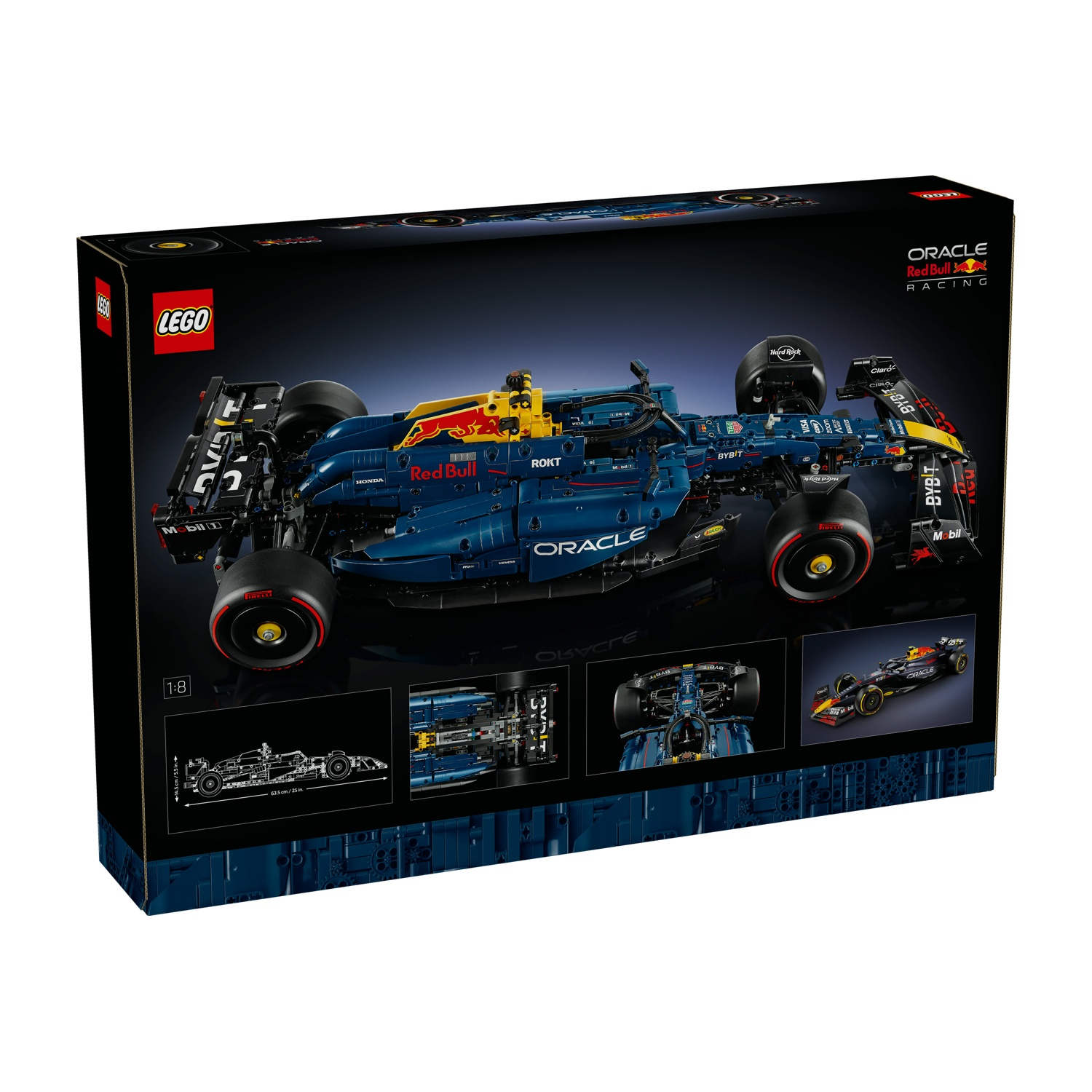 Una scatola Lego con una macchina da corsa Red Bull. L'auto è blu con dettagli gialli e rossi. La scatola presenta varie immagini dell'auto.