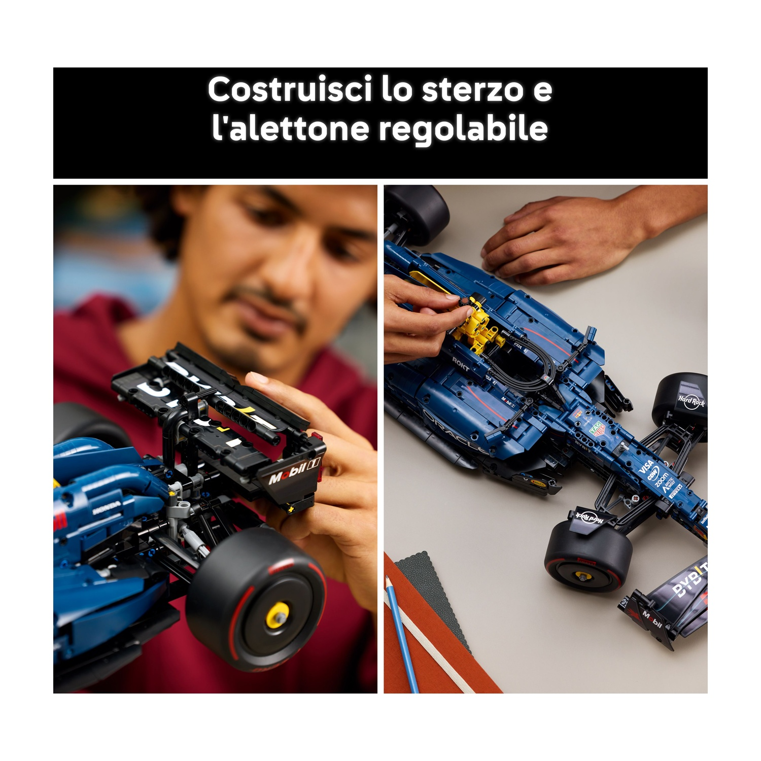 L'immagine mostra una persona che costruisce un modello di auto da corsa blu e nera. L'auto è su una superficie grigia con altri oggetti.