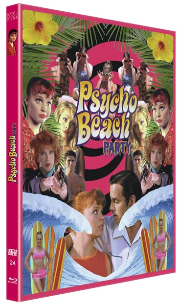 DVD-hoes voor 'Psycho Beach Party' met acteurs, surfplanken, golven en een roze achtergrond, retro design.