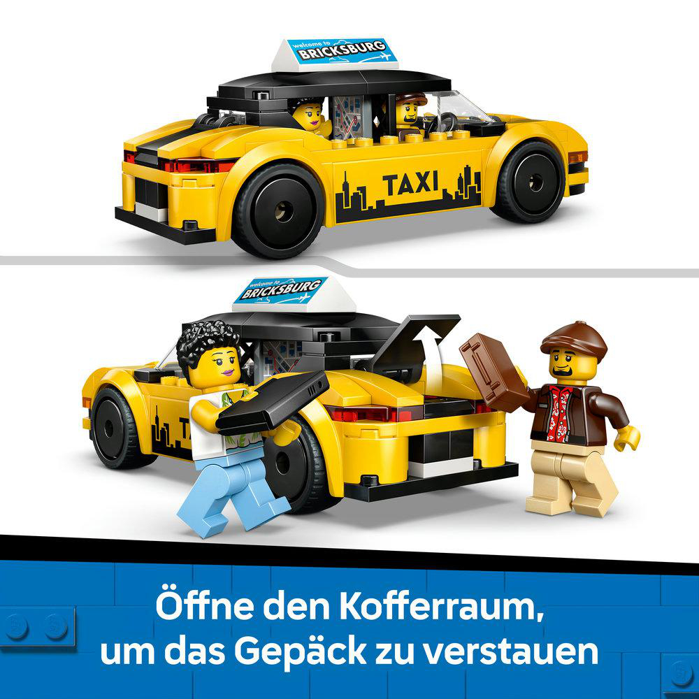 Ein Lego-Taxi mit zwei Figuren. Das Taxi ist gelb und hat das Wort TAXI auf der Seite. Die Figuren sind Lego-Leute.