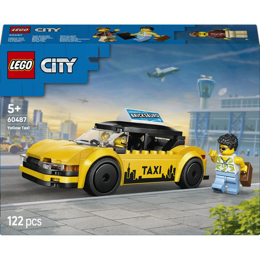 Lego City-Box-Set zeigt ein gelbes Taxi, eine Minifigur und einen Flughafen-Hintergrund. Das Set enthält 122 Teile und ist für Kinder ab 5 Jahren geeignet.