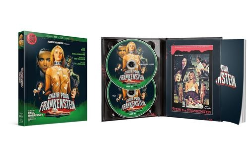 Blu-ray box set of 'Chair Pour Frankenstein'. Shows the box, discs, and booklet with movie stills. Includes images of characters.