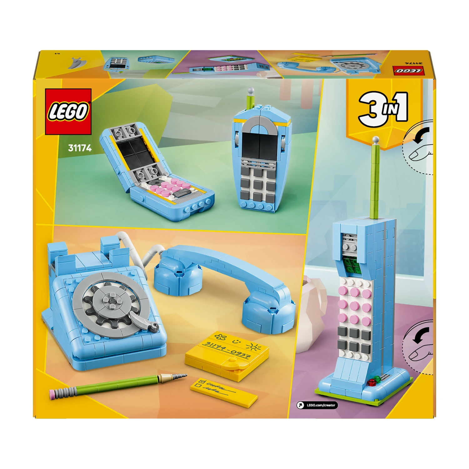 Scatola del set LEGO con tre modelli di telefono: telefono a conchiglia, telefono fisso classico e cellulare alto. Include un blocco note giallo e una matita.