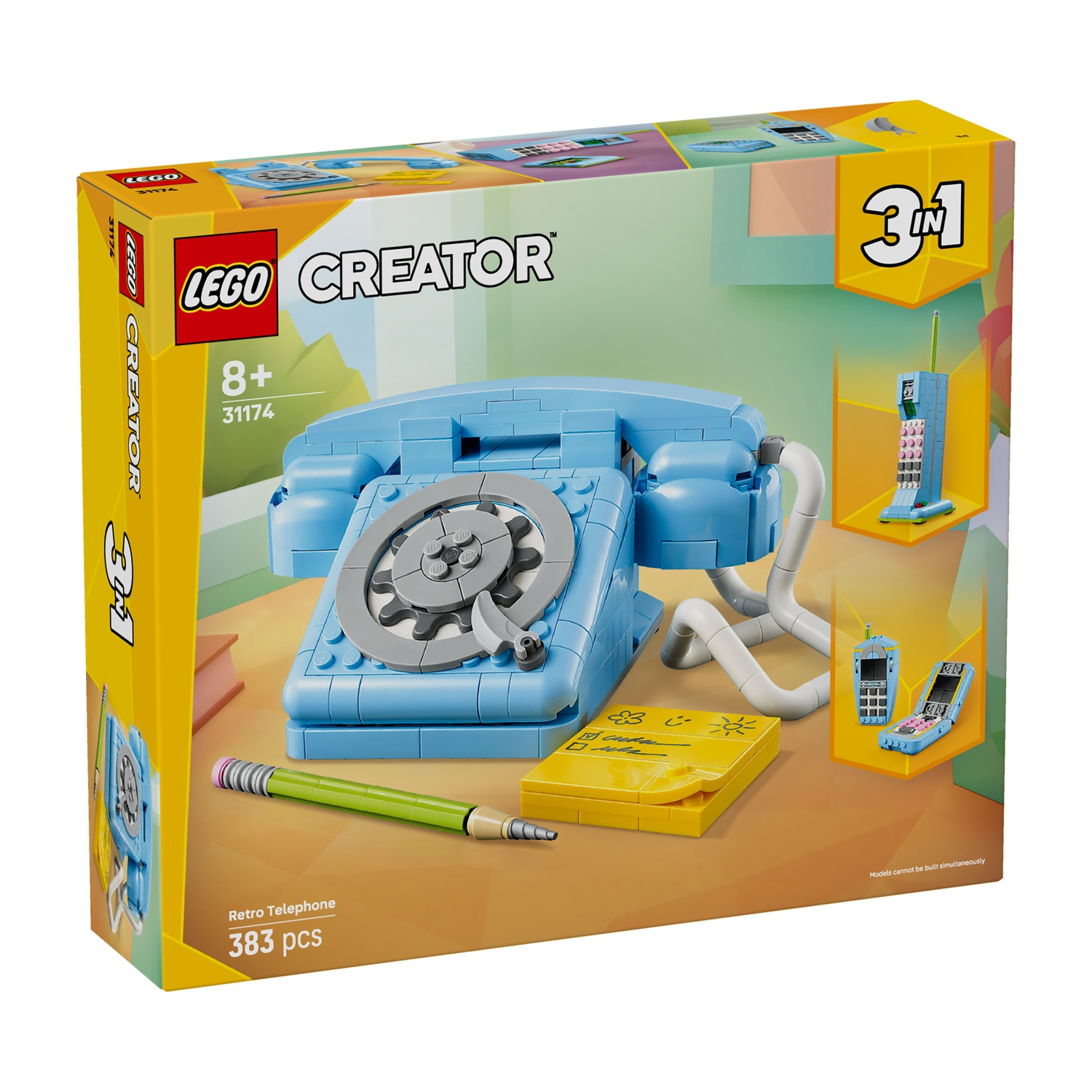 Una scatola del set Lego Creator con un modello di telefono retrò blu. Include una matita, un blocco note e altri due modelli di telefono.