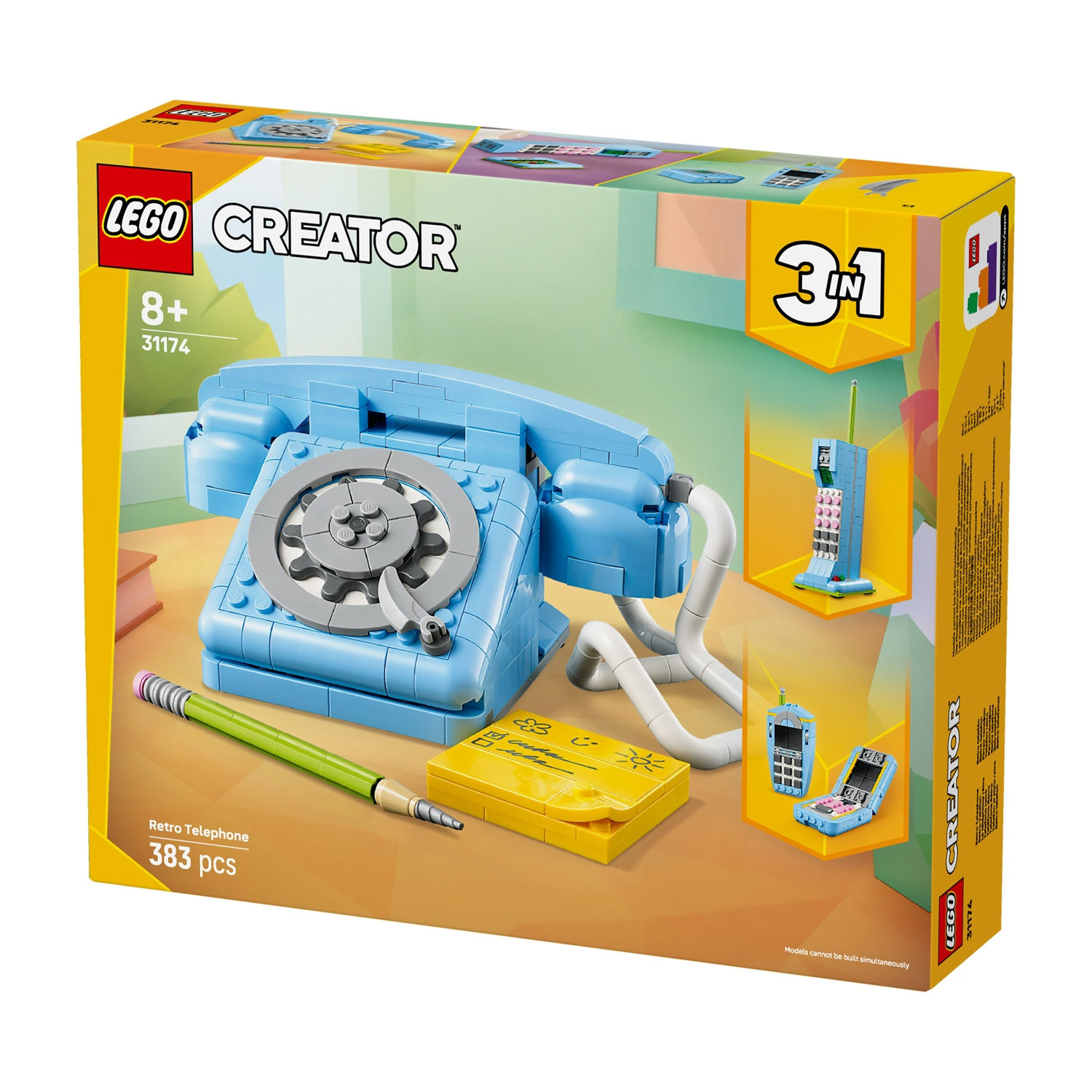 Una scatola Lego Creator con un telefono retrò blu, matita e blocco note giallo. Mostra le opzioni di costruzione 3 in 1.