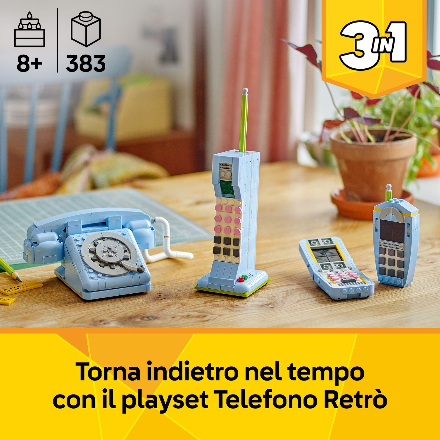 L'immagine mostra tre telefoni giocattolo e un telefono fisso su un tavolo di legno. I telefoni sono azzurri e il telefono fisso è anch'esso azzurro.