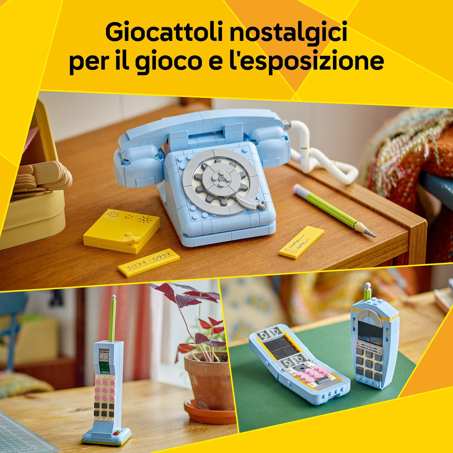 L'immagine mostra giocattoli Lego, tra cui un telefono azzurro, due cellulari e un blocco note giallo, tutti su un tavolo di legno.