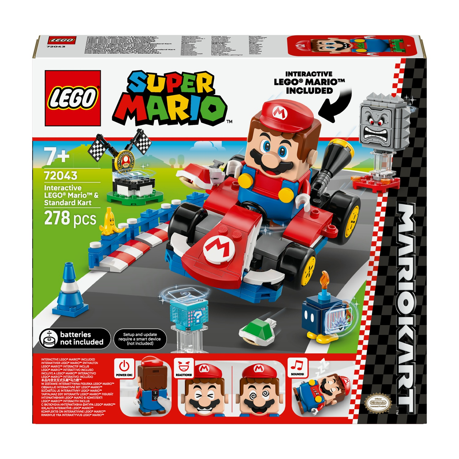 Scatola Lego Super Mario. Mario in un kart, con un Thwomp e un blocco punto interrogativo. Scatola 'Mario Kart'.
