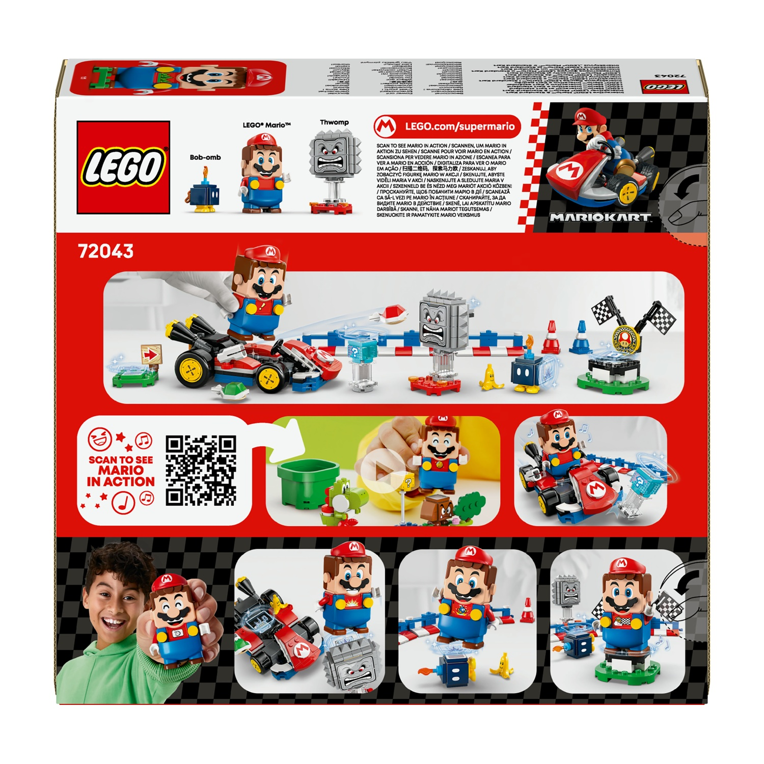 Scatola Lego Mario Kart. Figura di Mario in un kart, Thwomp, Bob-omb e vari elementi della pista sono mostrati.