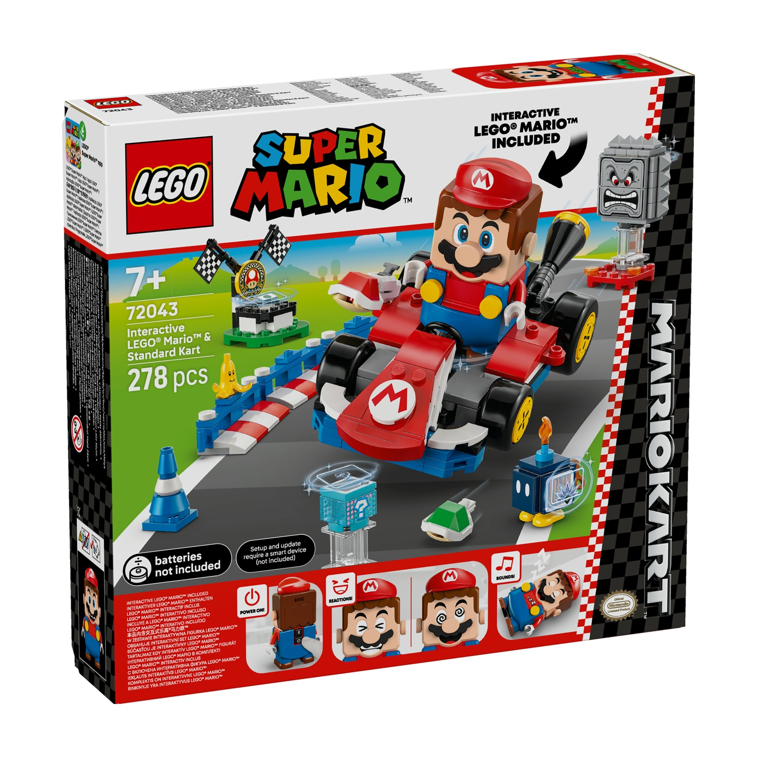 Set Lego Super Mario. La scatola mostra Mario in un kart, con altri pezzi Lego. Include 278 pezzi, per bambini dai 7 anni in su.