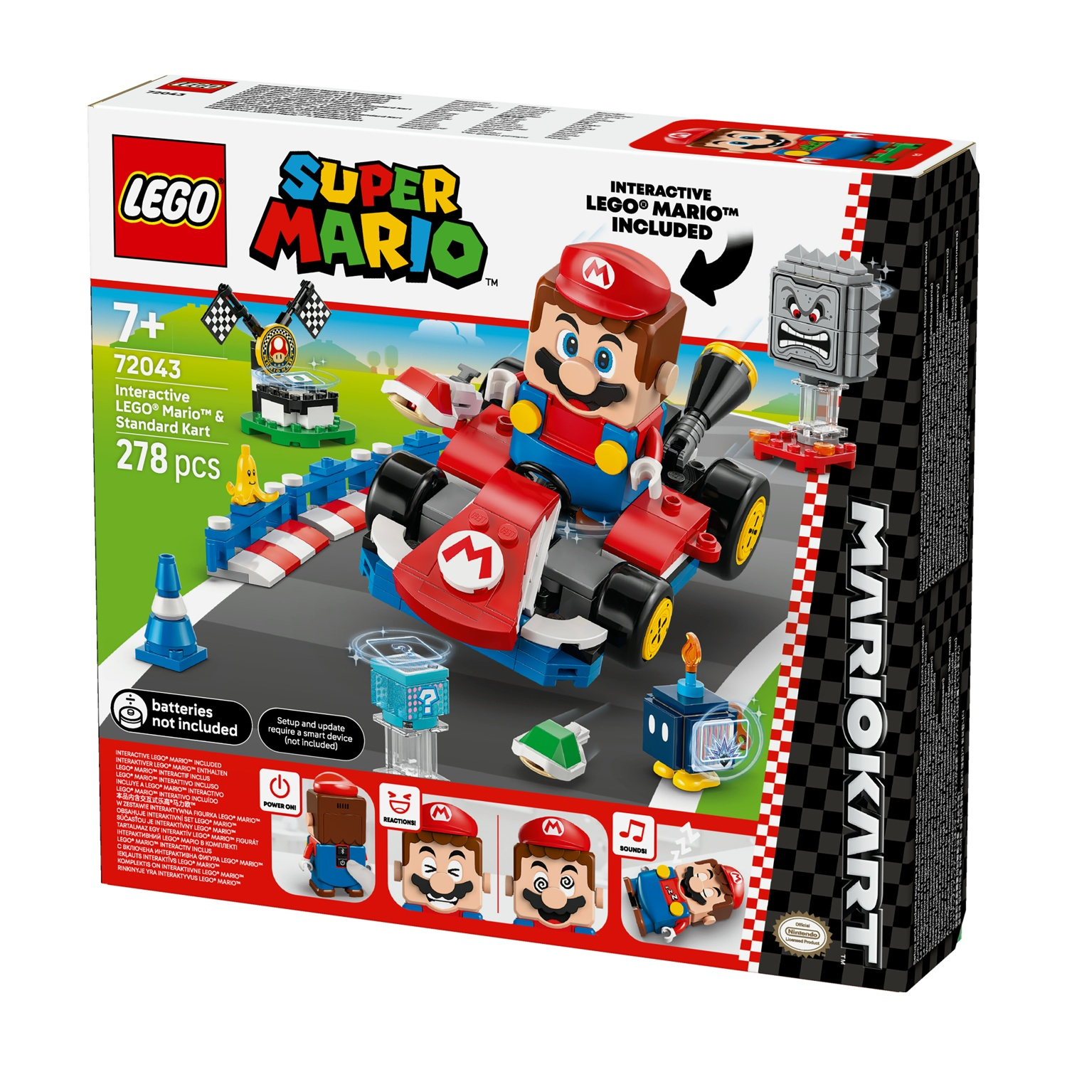 Set Lego Super Mario. Mario in un kart rosso. Include un Thwomp, una scatola blu e un traguardo.