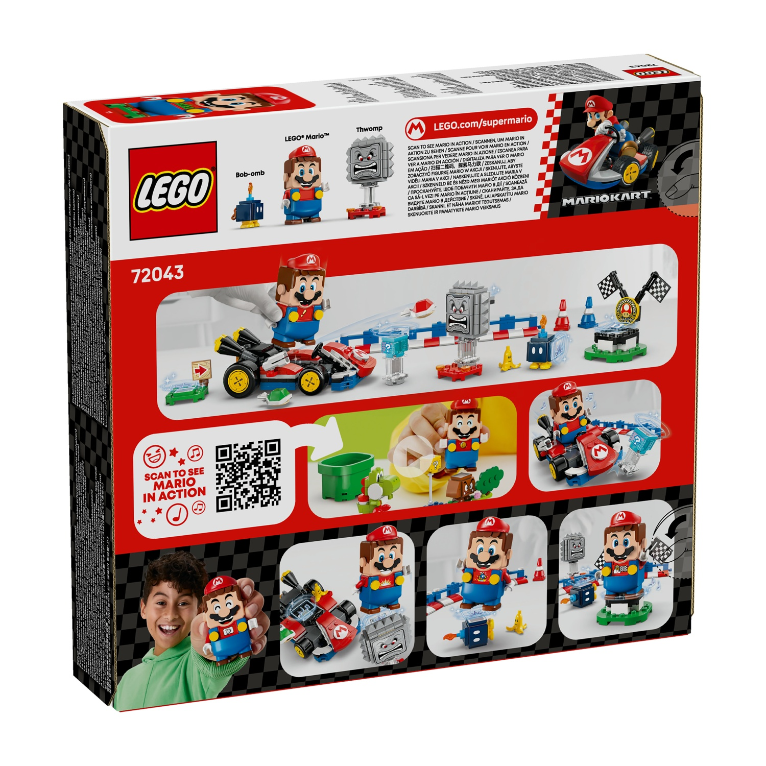 Scatola Lego Mario Kart. Mostra personaggi di Mario, un kart e altri elementi Lego. Un ragazzo tiene in mano un personaggio di Mario.