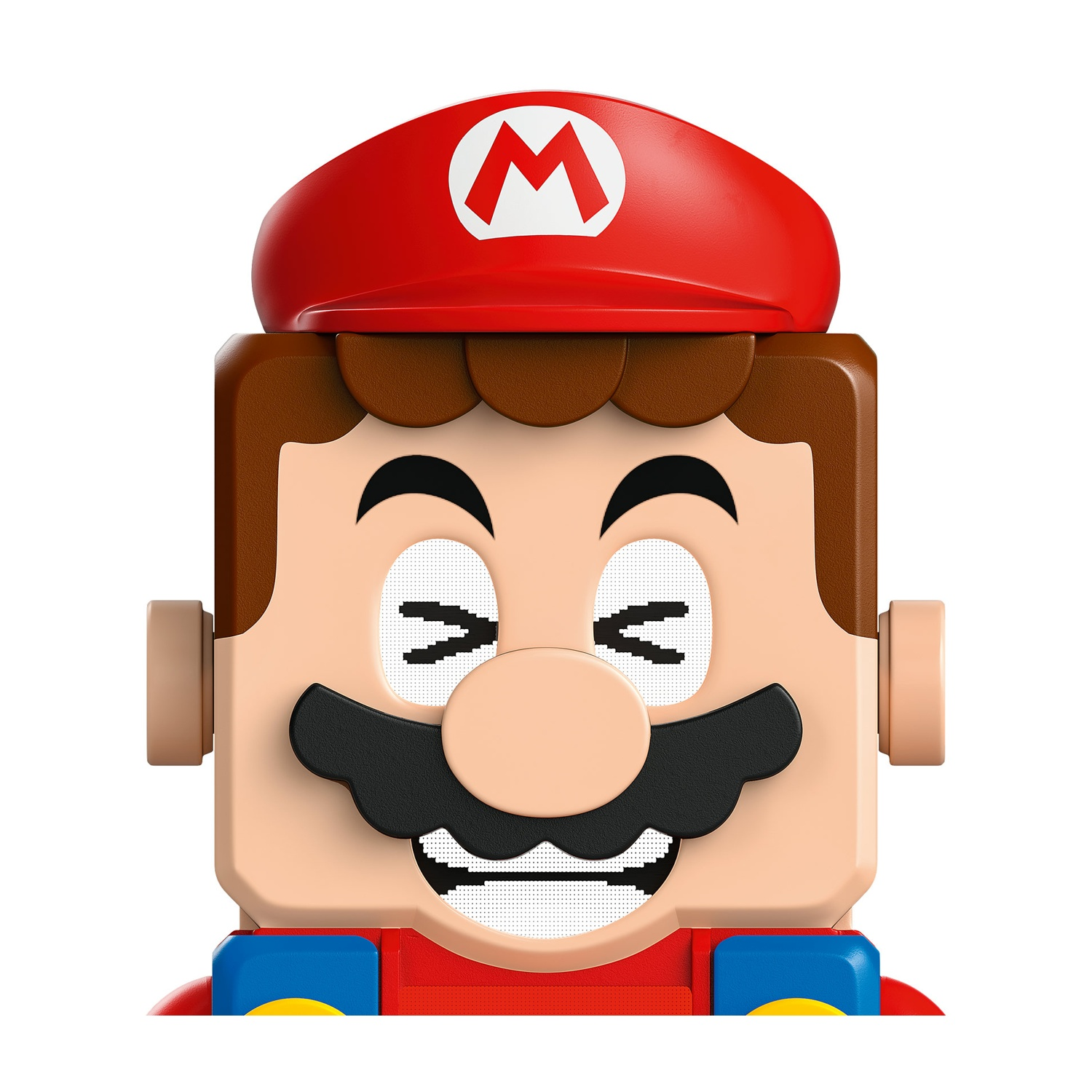 Primo piano di un personaggio Lego Mario. Cappello rosso con logo 'M', capelli castani, grandi baffi neri, viso sorridente e tuta rossa.