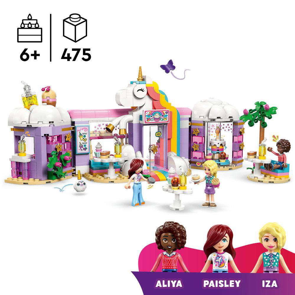 Lego-Set mit Einhorn, Geschäft und Minifiguren. Enthält Aliya, Paisley und Iza. Das Set ist für Kinder ab 6 Jahren und hat 475 Teile.