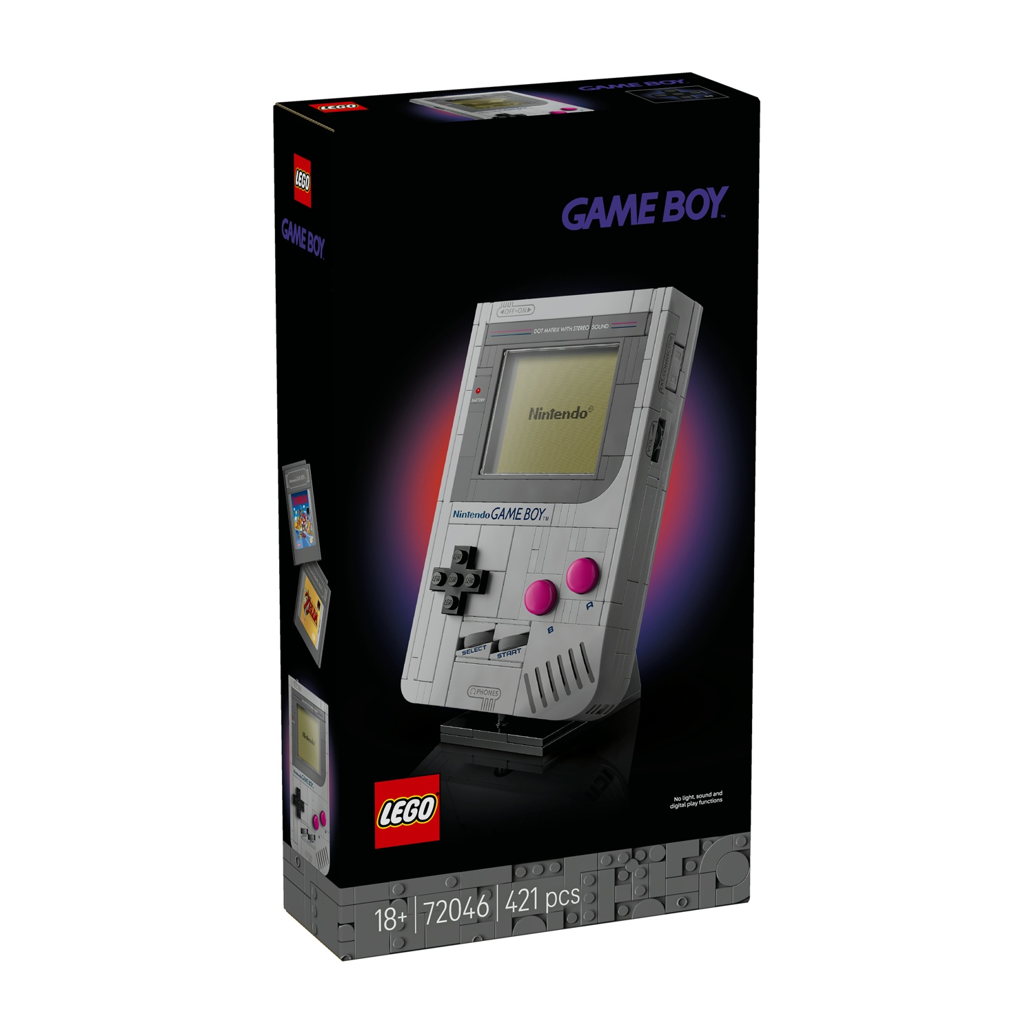 Un set Lego Game Boy nella sua scatola. La scatola è nera con il Game Boy e le cartucce mostrate. Il logo Lego è visibile.
