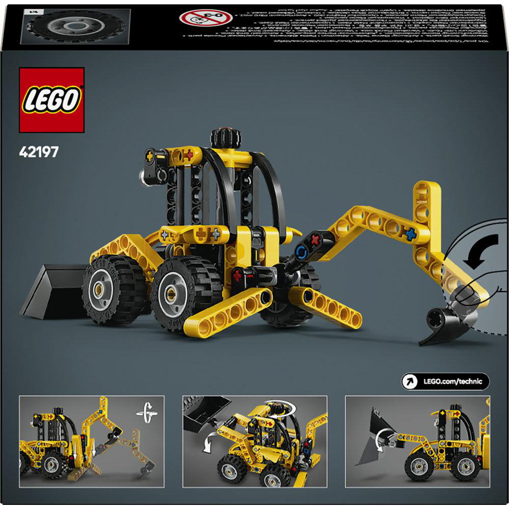 Gezeigt wird ein gelb-schwarzer Lego Technic Baggerlader. Die Box hat drei kleinere Bilder. Das Lego-Logo ist sichtbar.