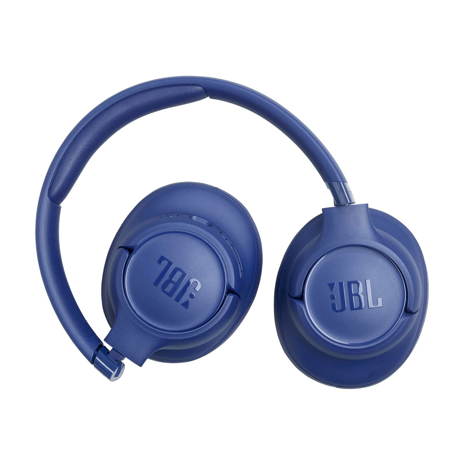 Blaue JBL-Kopfhörer auf weißem Hintergrund. Die Kopfhörer sind im Over-Ear-Stil gehalten.