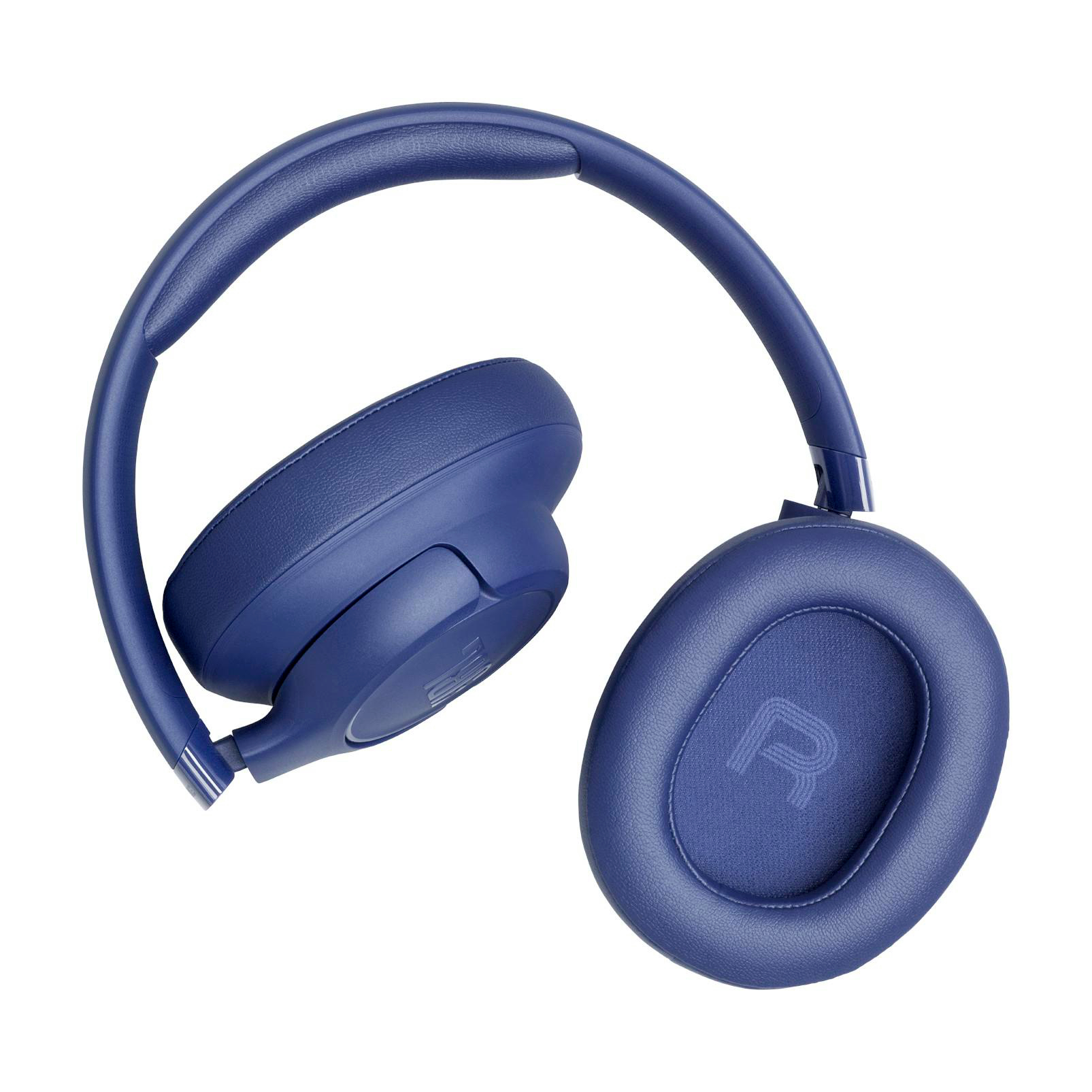Blaue Kopfhörer auf weißem Hintergrund. Die Ohrmuscheln und das Kopfband sind sichtbar.