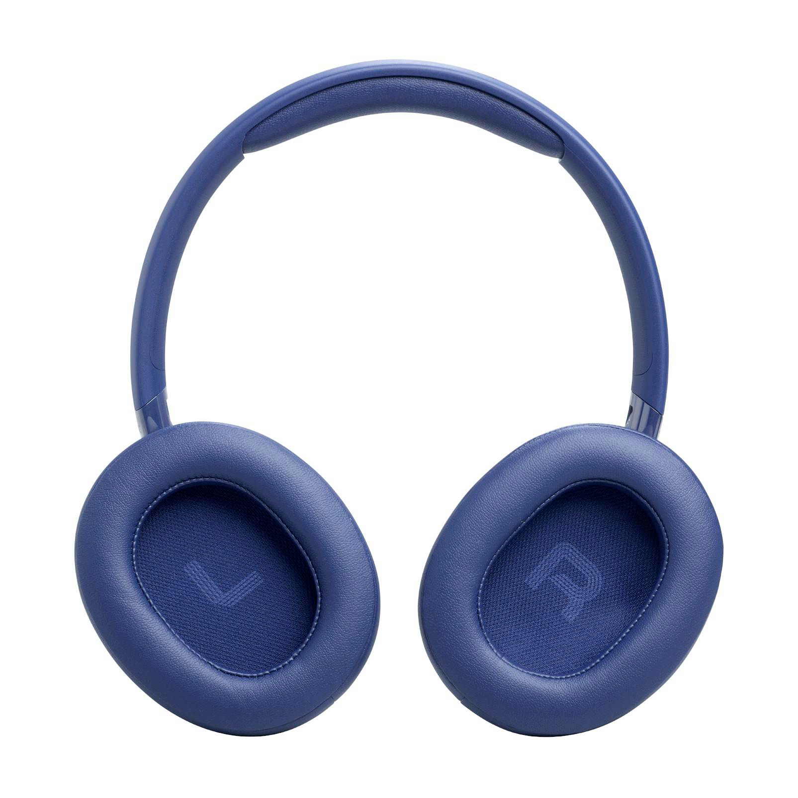 Blaue Kopfhörer auf weißem Hintergrund. Die Kopfhörer haben ein gepolstertes Kopfband und Ohrmuscheln. Die Ohrmuscheln haben L- und R-Markierungen.