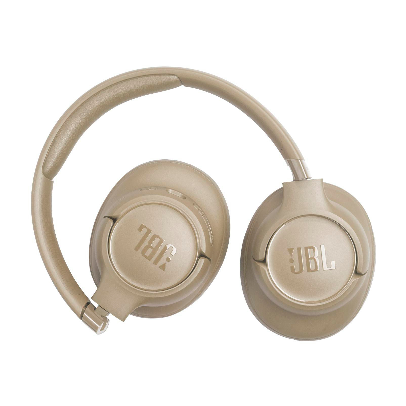 Beige JBL-Kopfhörer auf weißem Hintergrund, mit Ohrmuscheln und Kopfband. JBL-Logo sichtbar.