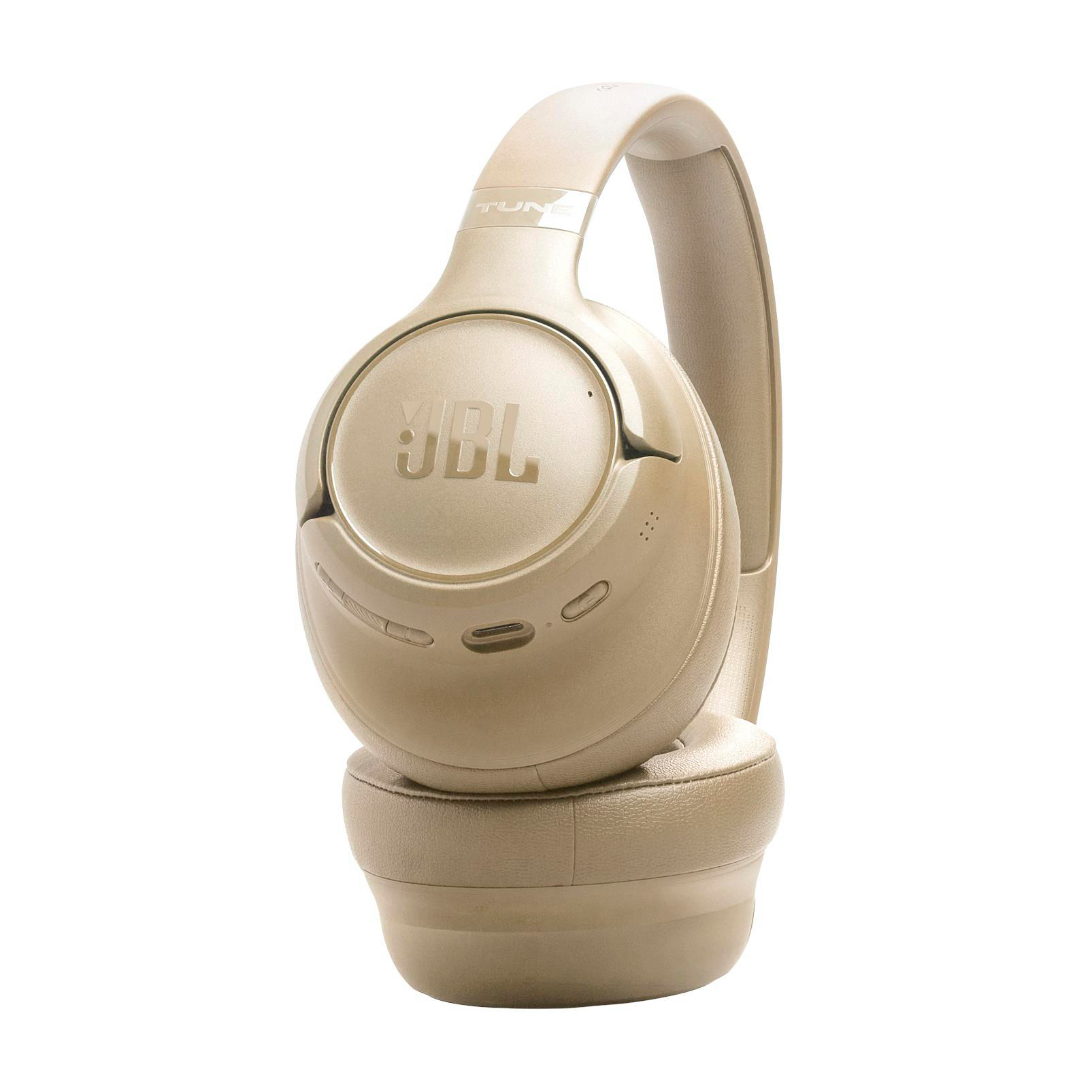 Beige JBL-Kopfhörer auf weißem Hintergrund. Die Kopfhörer sind Over-Ear-Style, mit dem JBL-Logo sichtbar.