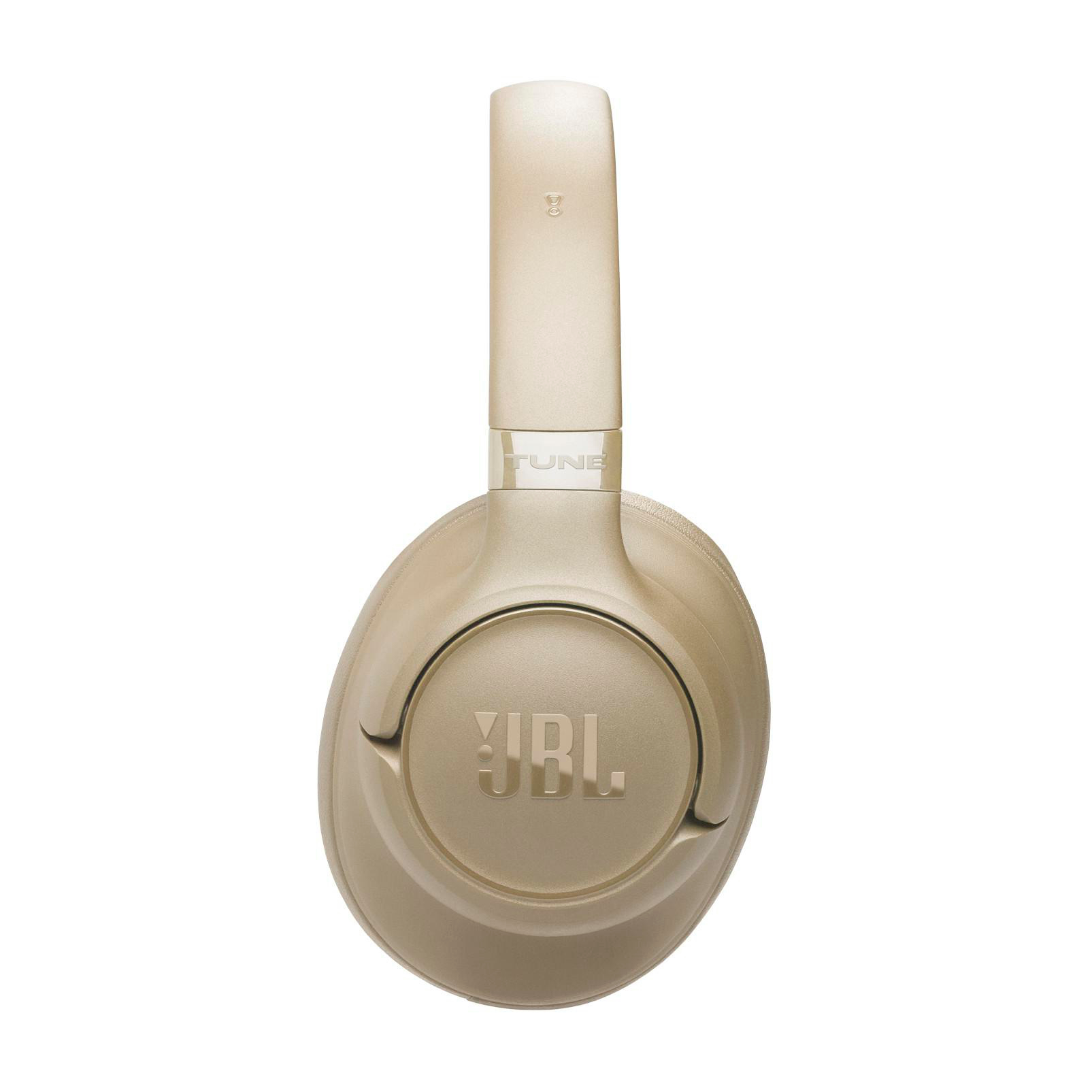 Goldene JBL-Kopfhörer. Der Kopfbügel ist ausgezogen. Die Ohrmuscheln haben das JBL-Logo. Der Hintergrund ist weiß.
