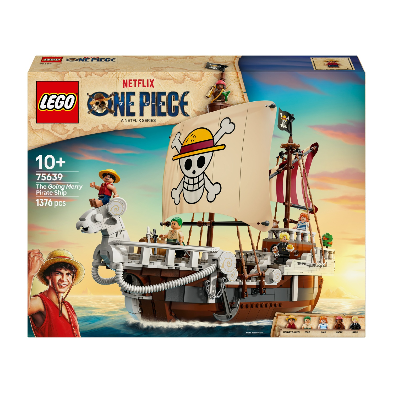 Scatola della nave pirata Lego One Piece. Nave marrone con vele bianche, logo teschio e personaggi Lego. Serie Netflix.