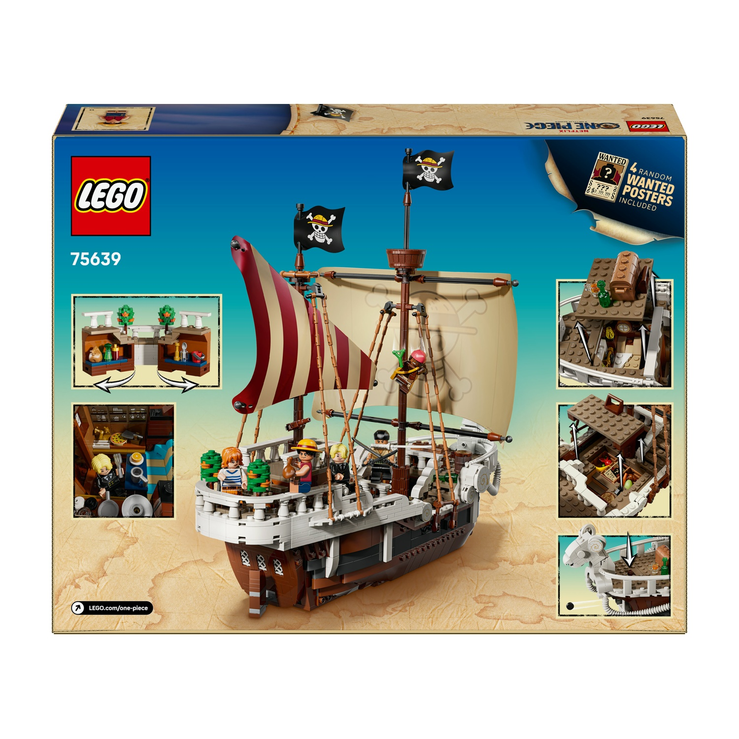 Una scatola Lego mostra una nave pirata con vele, bandiere e minifigure. Lo sfondo mostra una mappa marrone con costruzioni Lego aggiuntive.