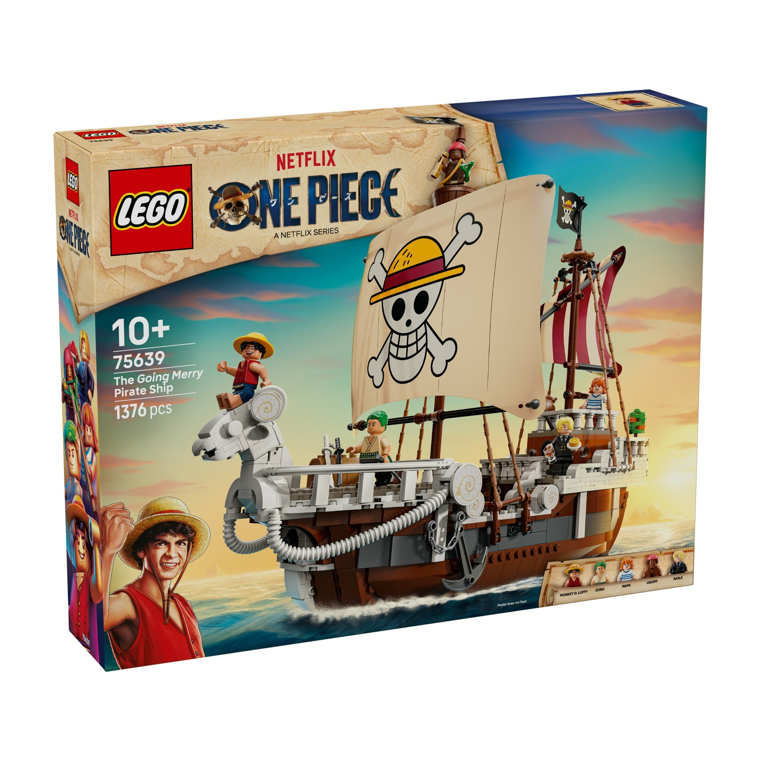 Set di scatole Lego, The Going Merry Pirate Ship. La scatola mostra una nave Lego con personaggi di One Piece. La scatola è marrone e blu.