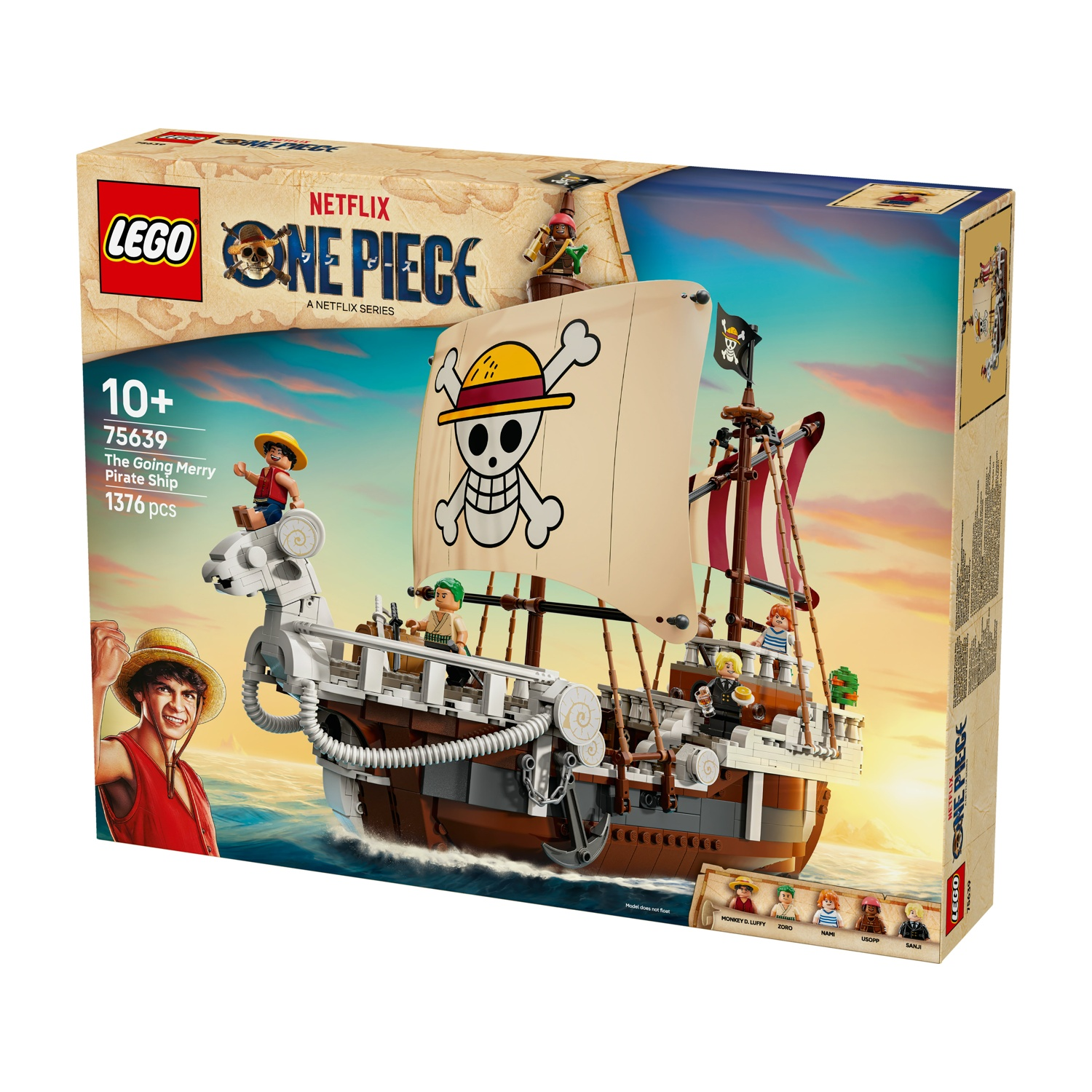 Scatola del set Lego della nave pirata Going Merry di One Piece. Include Luffy, Zoro, Nami e altri personaggi sulla nave.
