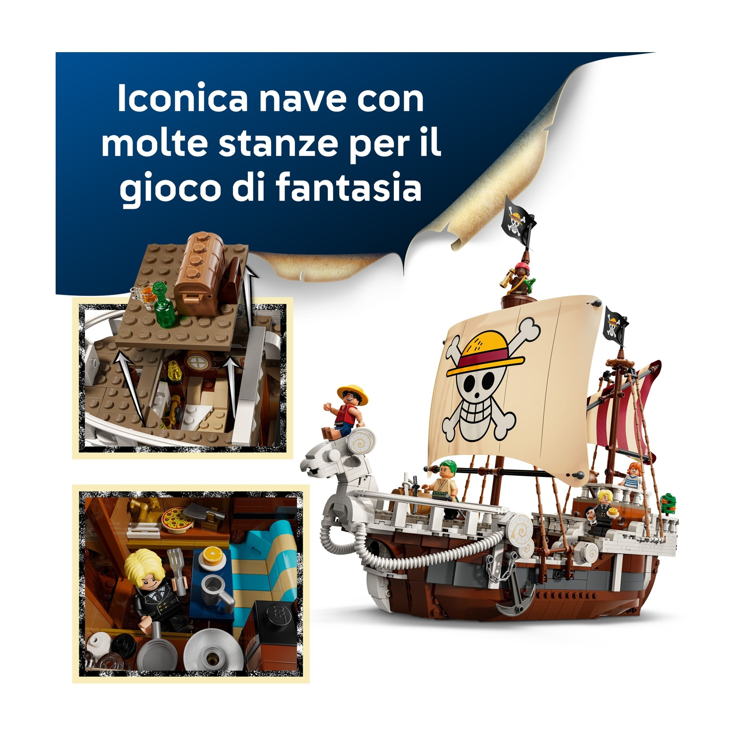 Una nave pirata Lego con più stanze, personaggi e una vela con teschio e ossa incrociate. Ci sono riprese interne dettagliate.