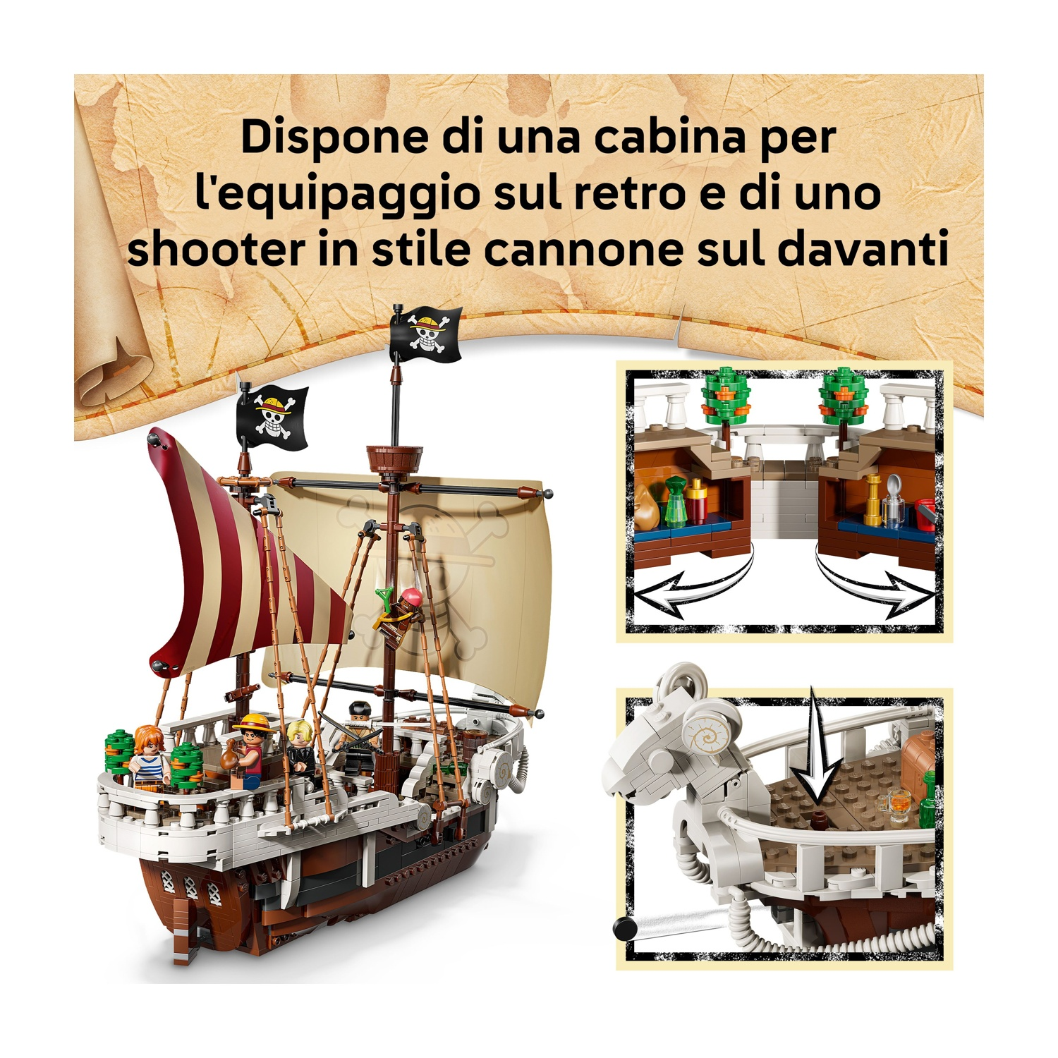 Una nave pirata Lego con vele a strisce rosse e bianche, bandiere pirata e personaggi sul ponte. Dettagli: cannone e cabina.