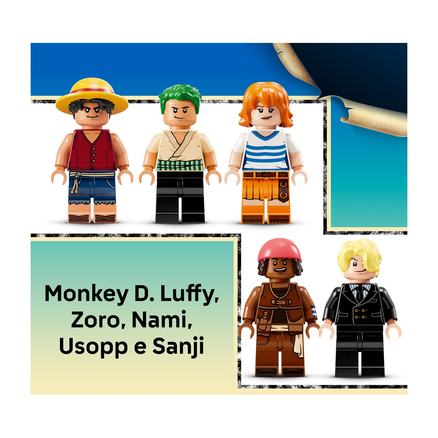 Personaggi Lego di Monkey D. Luffy, Zoro, Nami, Usopp e Sanji. Sono davanti a uno sfondo blu con effetto carta antica.