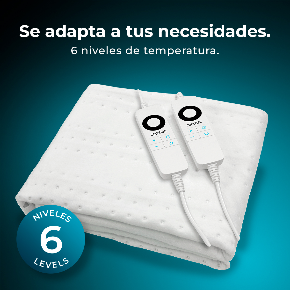 Manta eléctrica blanca con dos controladores. Texto arriba: 'Se adapta a tus necesidades' y '6 niveles de temperatura'.