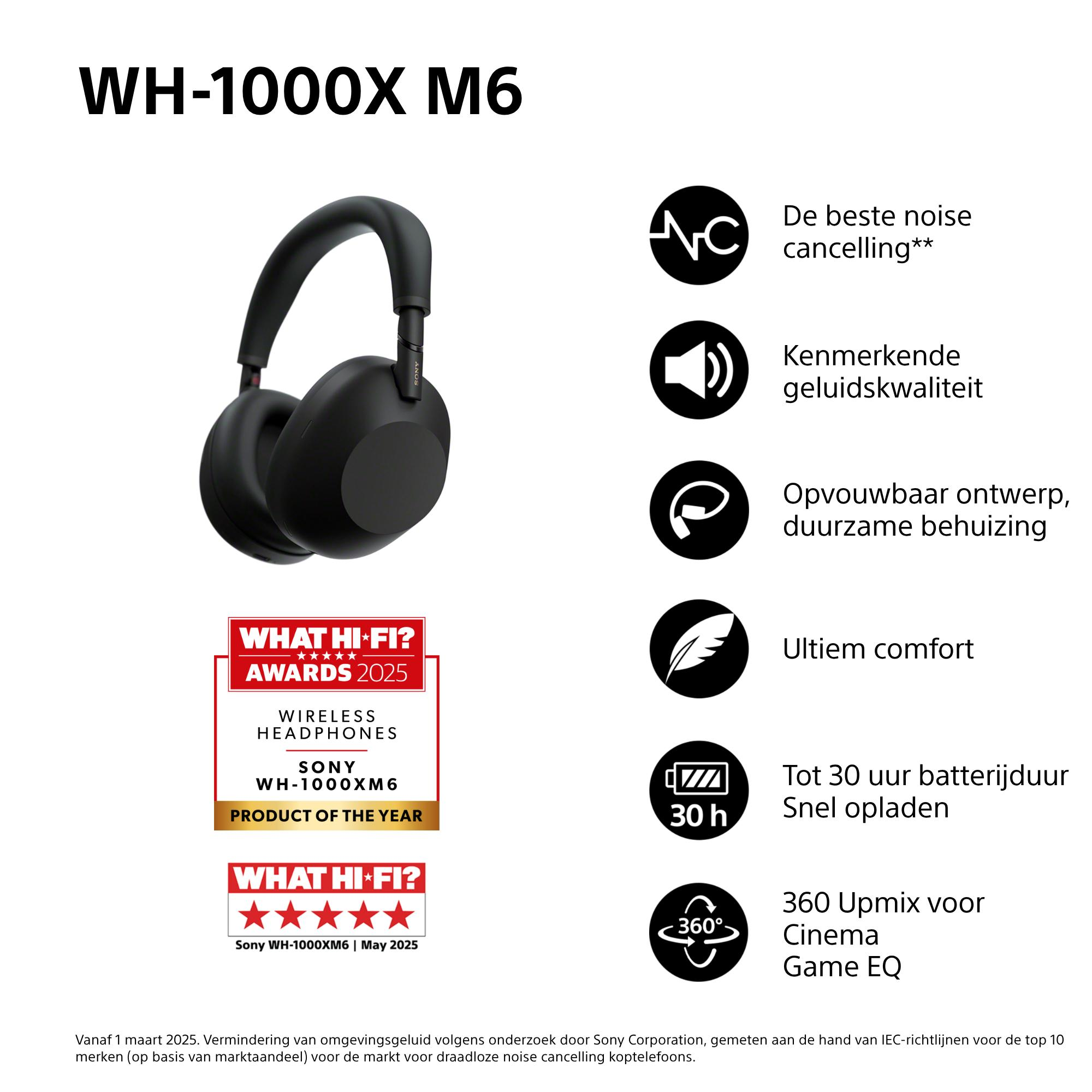 Zwarte Sony WH-1000XM6 koptelefoon. Kenmerken: noise cancelling, 30h batterij en award logo's.