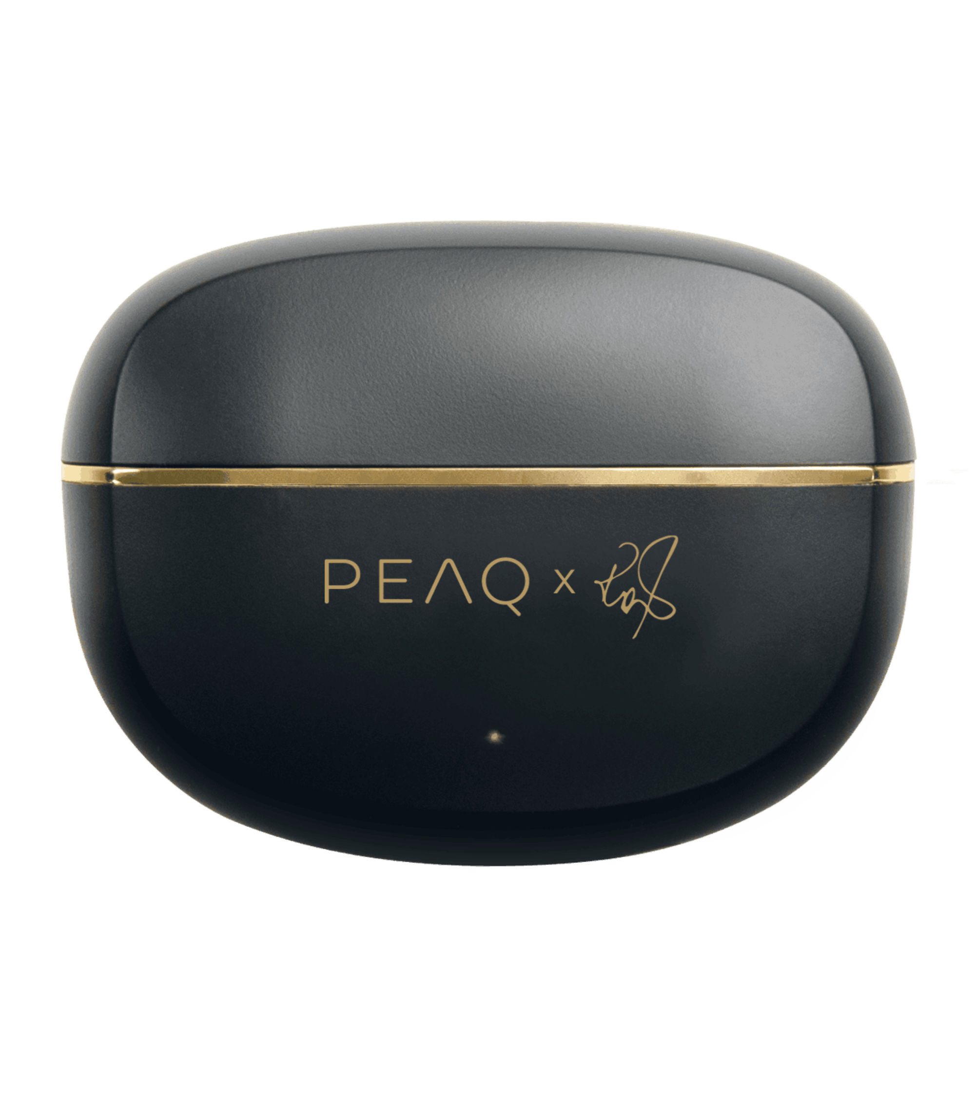 Estuche negro para auriculares con raya dorada y logotipo, sobre fondo negro. El estuche tiene un acabado brillante.