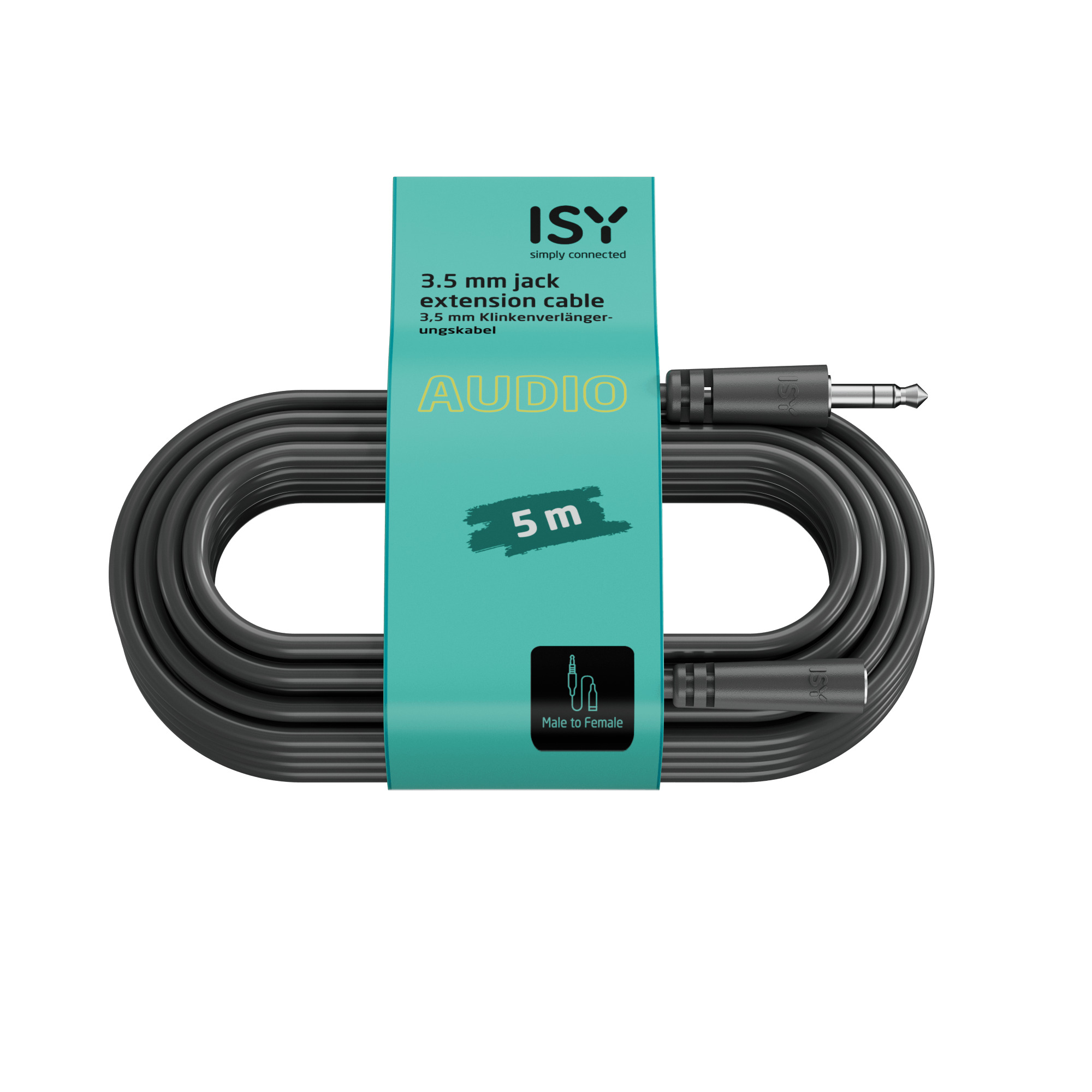 Cable de extensión de audio negro de 3,5 mm, 5 m de largo, macho a hembra. Marcado 'ISY', con etiqueta turquesa y fondo negro.