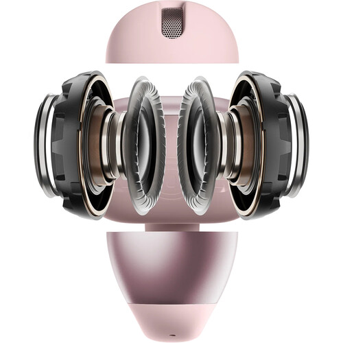 Auricular rosa deconstruido. Muestra altavoces y componentes internos, con fondo blanco. Detalles incluyen conos de altavoz y malla.