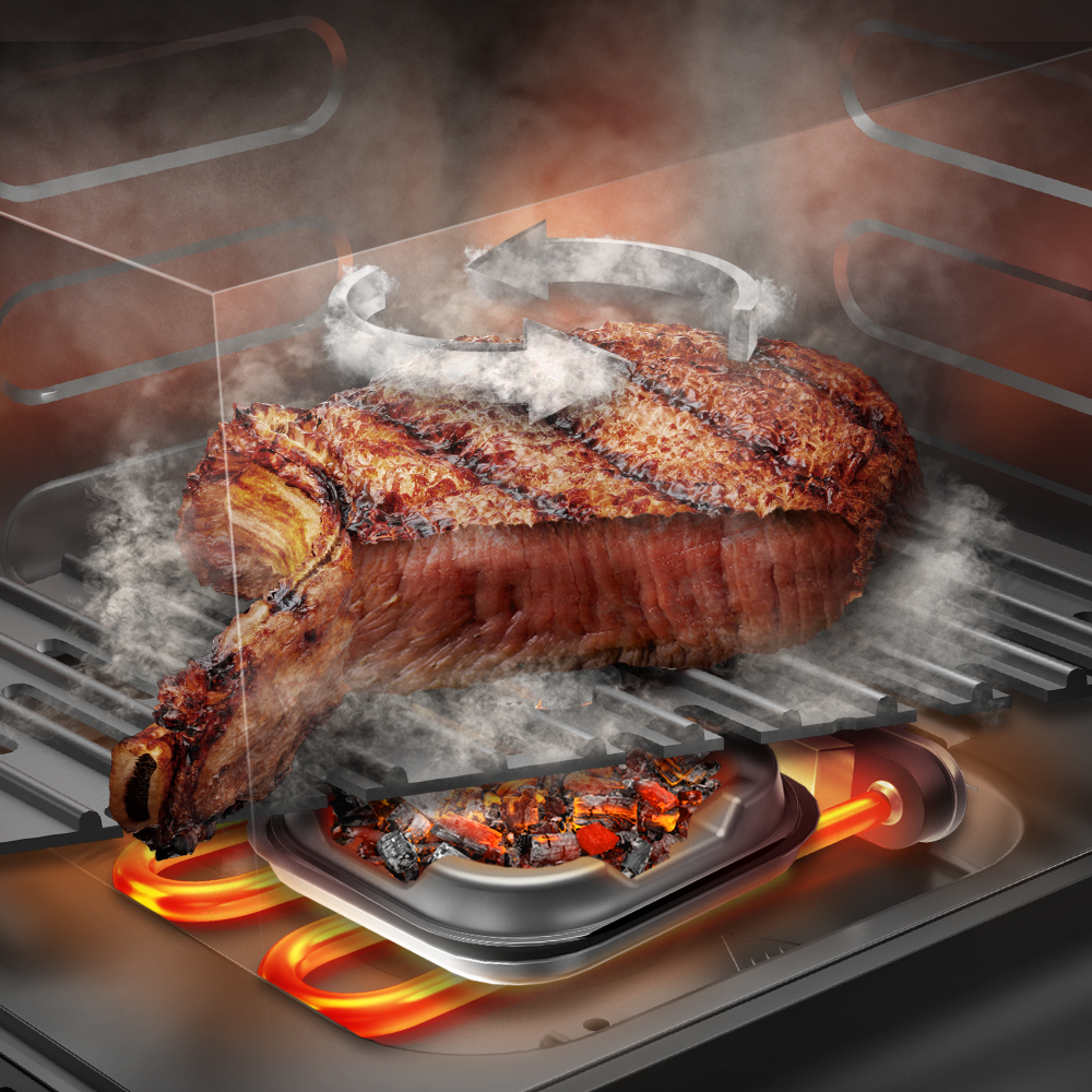 Un bistec a la parrilla sobre una parrilla con vapor. Las flechas indican rotación. Carbones ardientes debajo. Elementos calefactores rojos y naranjas.