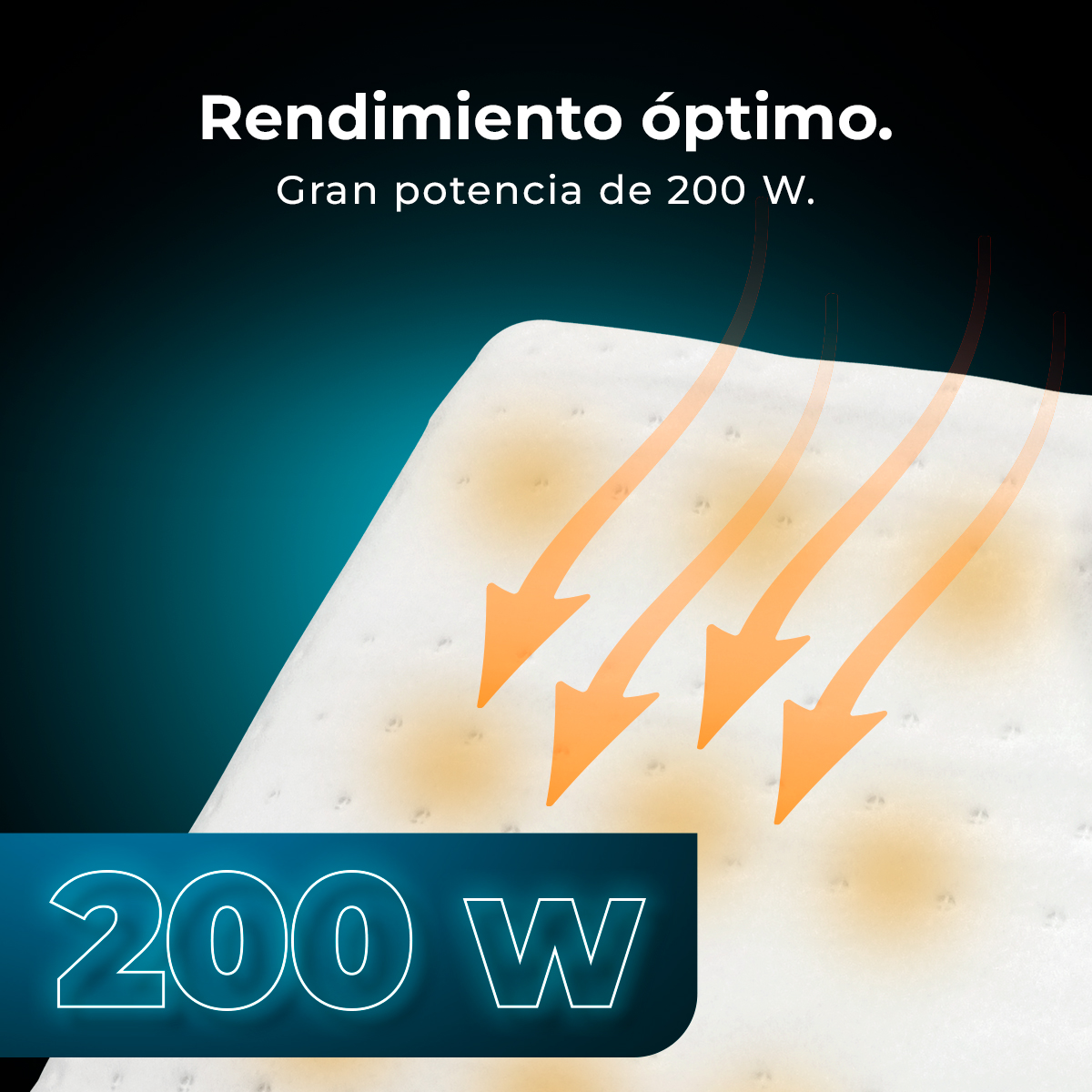 La imagen muestra texto que dice 'Rendimiento óptimo' y 'Gran potencia de 200 W'. Flechas naranjas apuntan a un objeto blanco, con '200 W'.