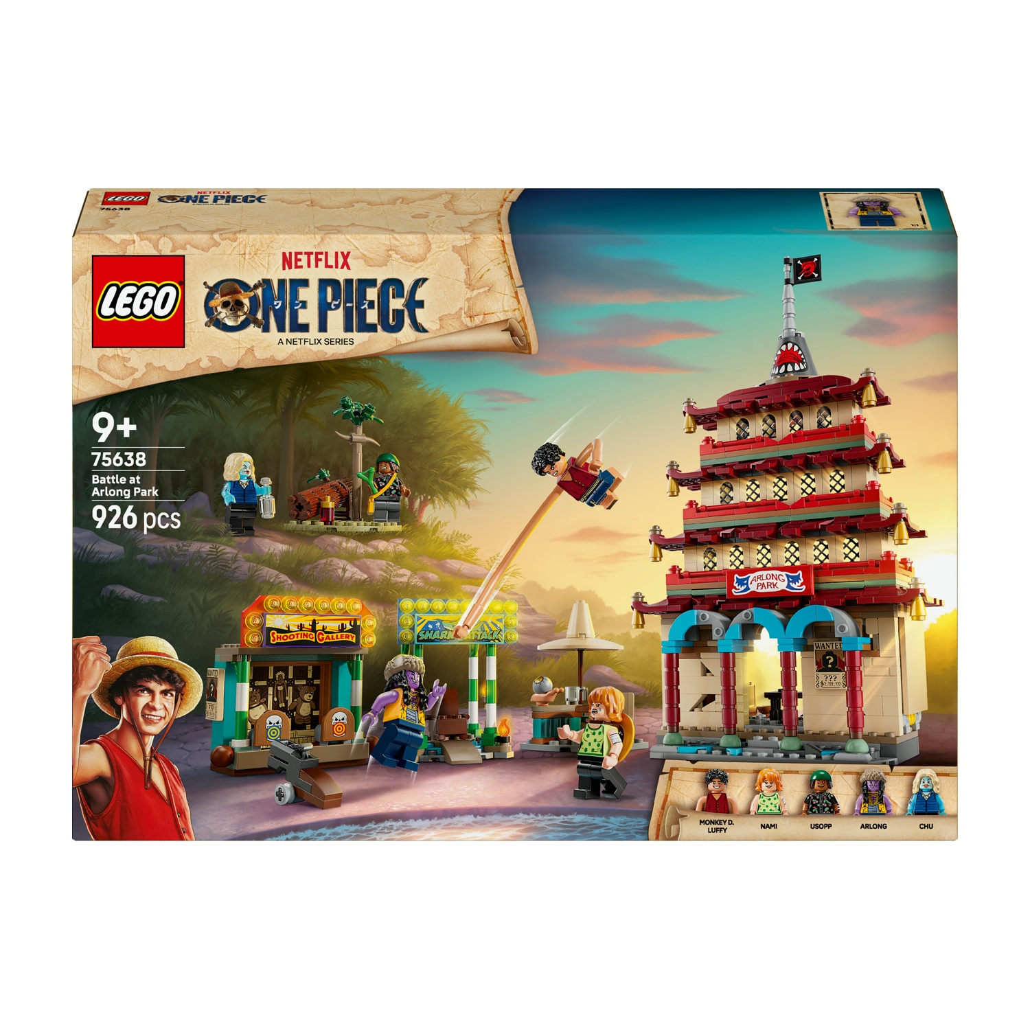 Scatola del set Lego. Luffy con cappello di paglia a sinistra. Edificio Arlong Park e personaggi. Netflix One Piece.