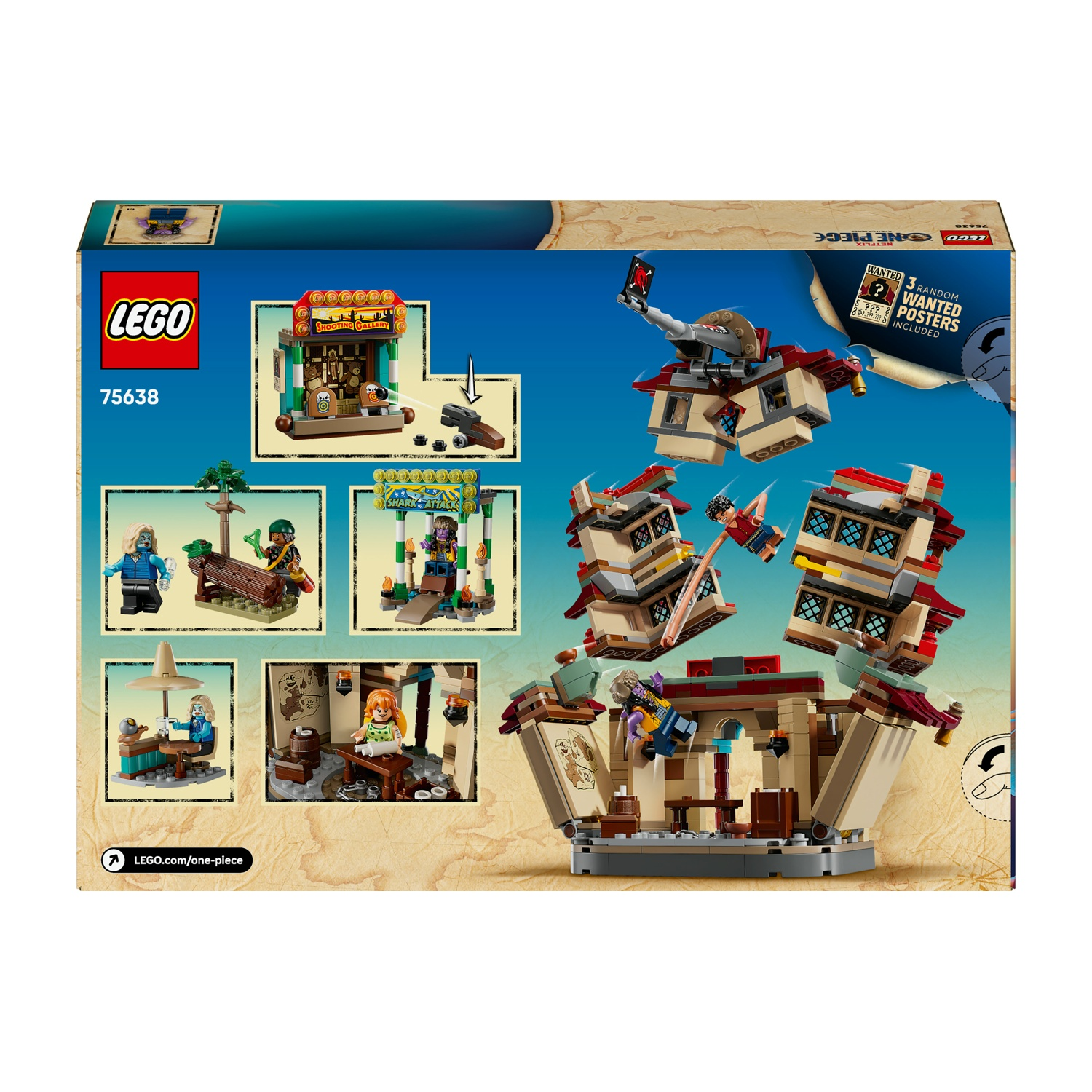Scatola del set LEGO One Piece. Presenta modelli LEGO di edifici con personaggi in miniatura. Include una galleria di tiro e scene di attacco di squali.