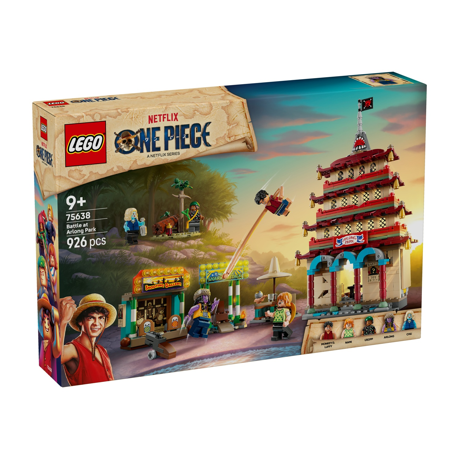 Scatola del set Lego. Presenta personaggi e una struttura a forma di pagoda. L'immagine sulla scatola mostra il titolo 'One Piece' e 'Battle at Arlong Park'.