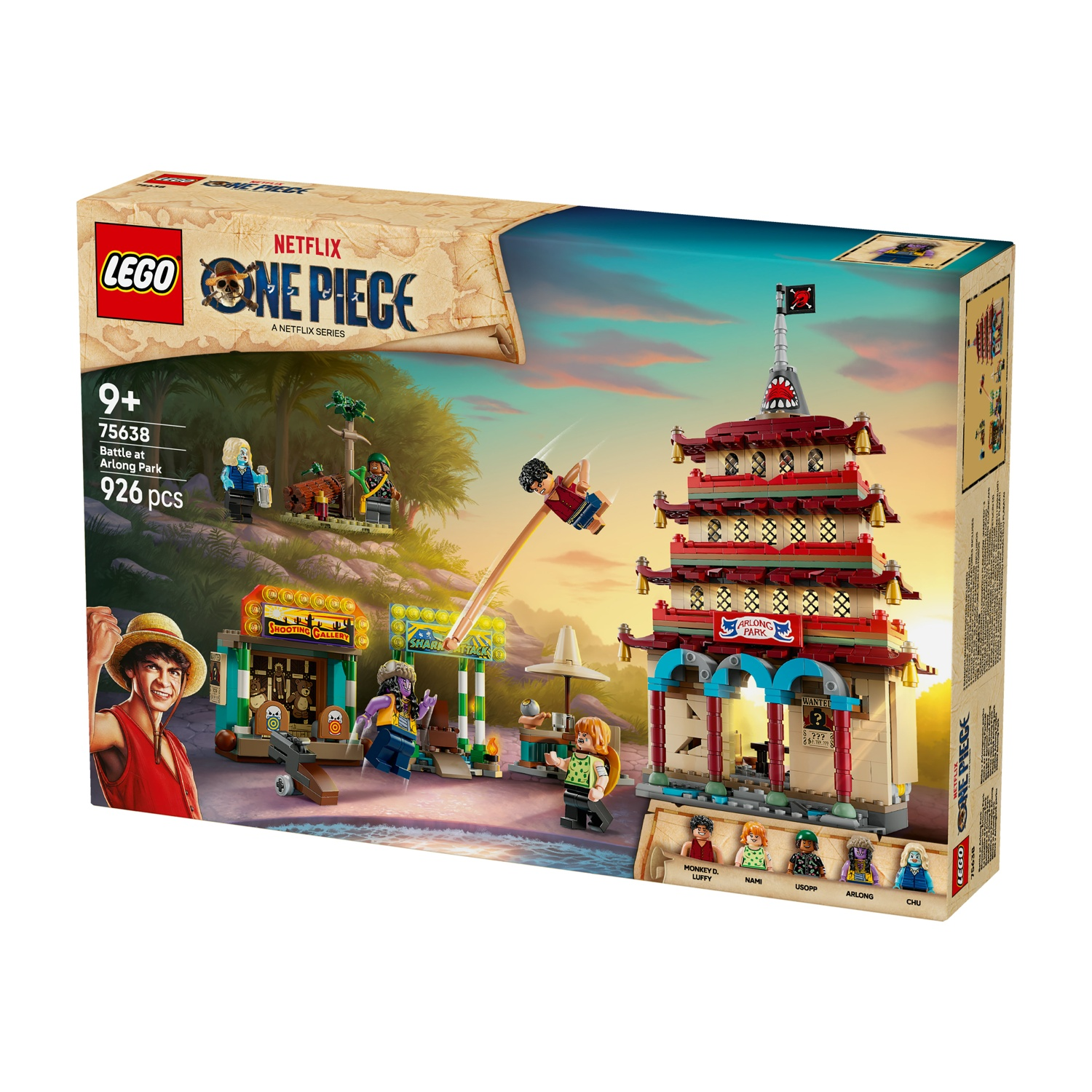 Set Lego One Piece. Presenta una pagoda, personaggi e una galleria di tiro. La scatola mostra Luffy e altri personaggi.