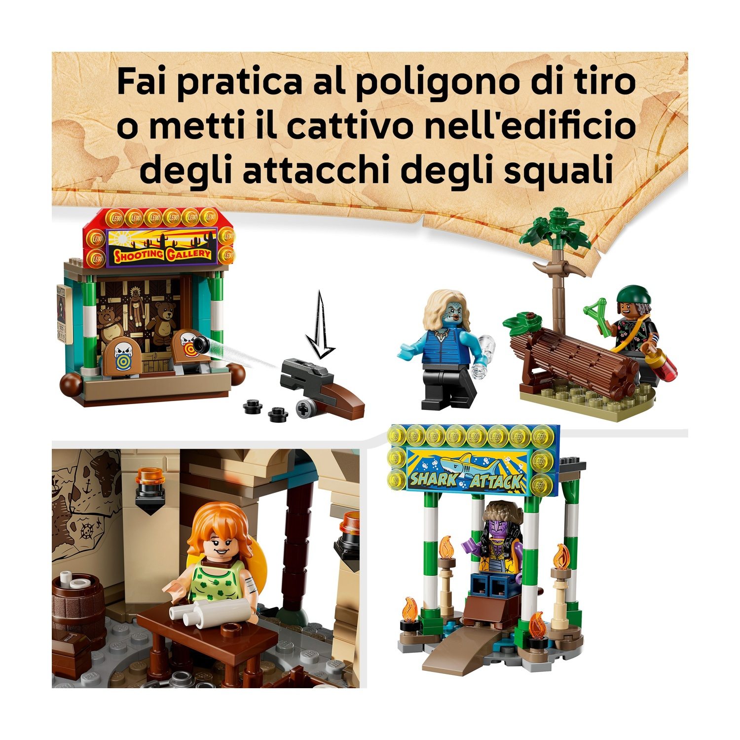 Set Lego con poligono di tiro, personaggi con armi, scena di attacco di squali e testo in italiano.