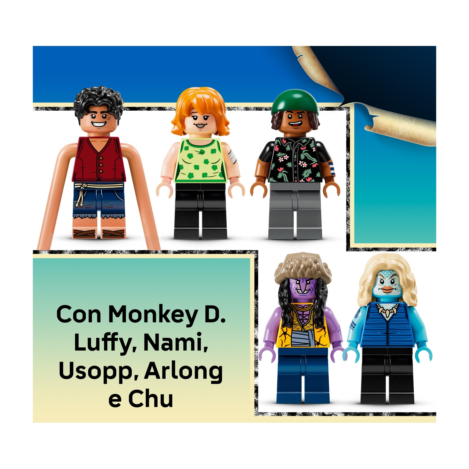 Personaggi Lego: Monkey D. Luffy, Nami, Usopp, Arlong e Chu. Lo sfondo è blu e beige, il testo recita "Con Monkey D. Luffy...".